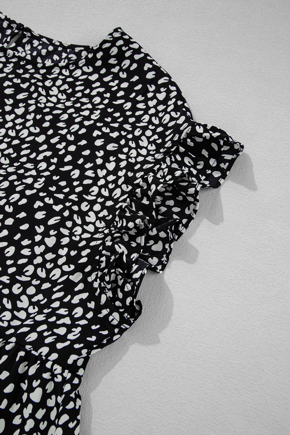 Black Leopard Print Ruffled Short Sleeve Keyhole Back Tiered Flowy Plus Size Blouse