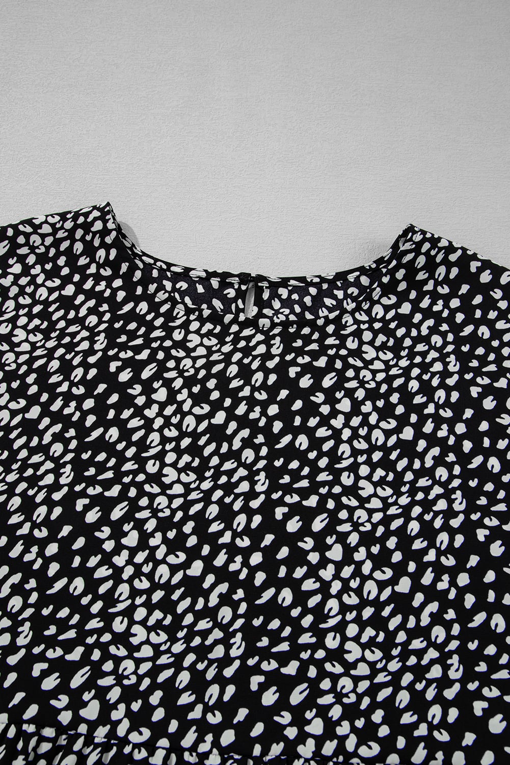 Black Leopard Print Ruffled Short Sleeve Keyhole Back Tiered Flowy Plus Size Blouse