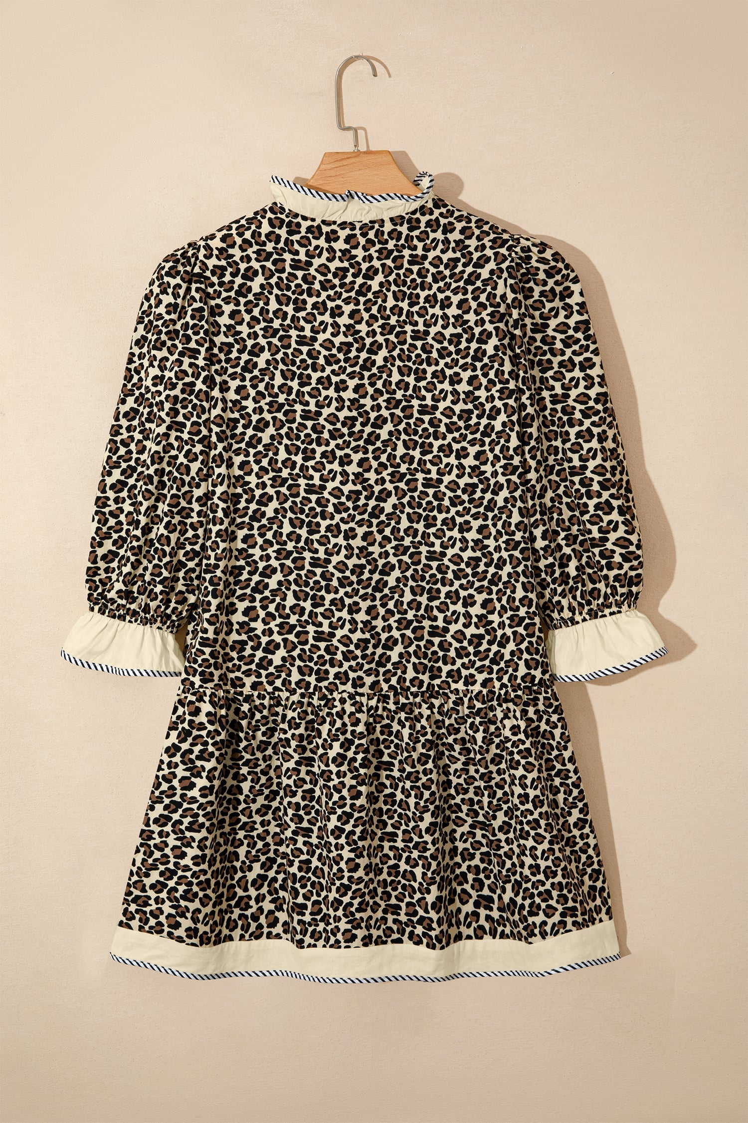 Black Leopard Print Striped Color Block Trim V Neck Bracelet Sleeve Mini Dress