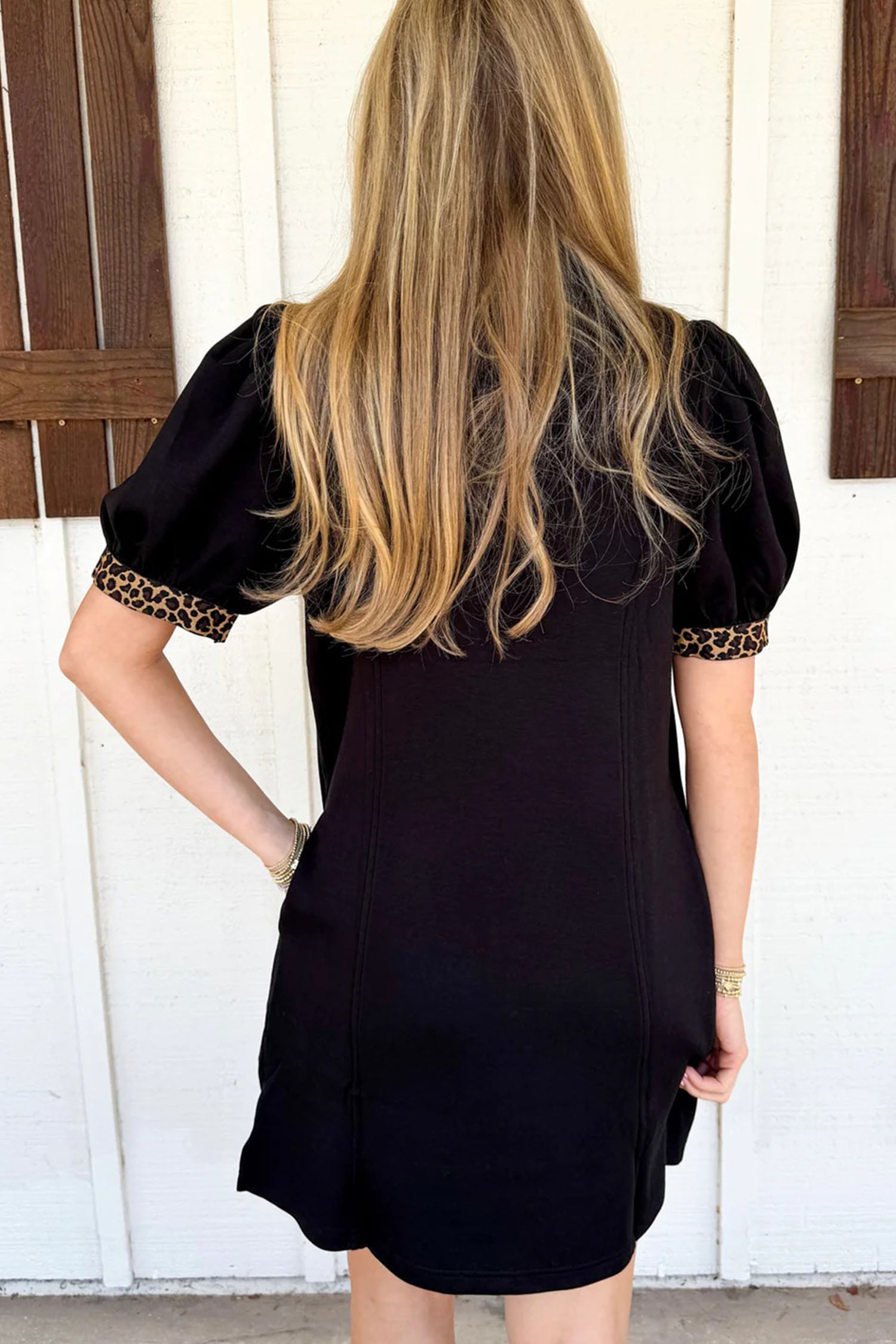 Black Sequin Rugby Pattern Contrast Leopard Zipper Collar Puff Sleeve Short Dress
