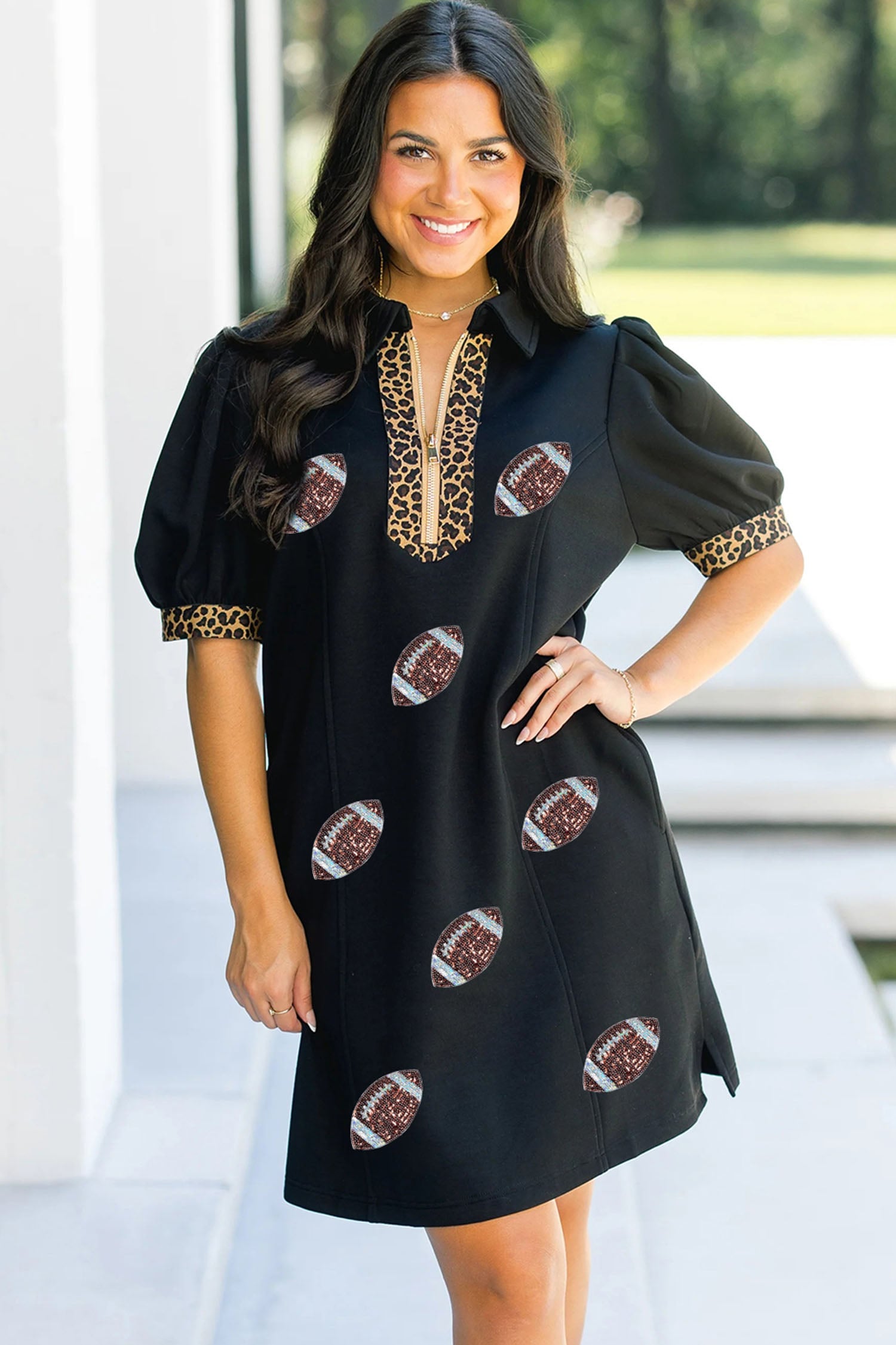 Black Sequin Rugby Pattern Contrast Leopard Zipper Collar Puff Sleeve Short Dress
