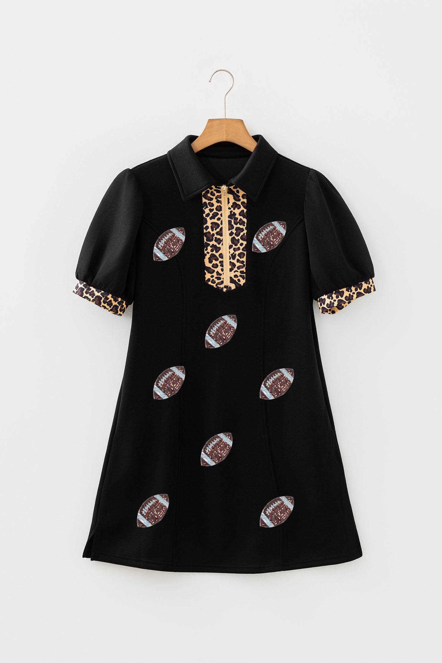 Black Sequin Rugby Pattern Contrast Leopard Zipper Collar Puff Sleeve Short Dress