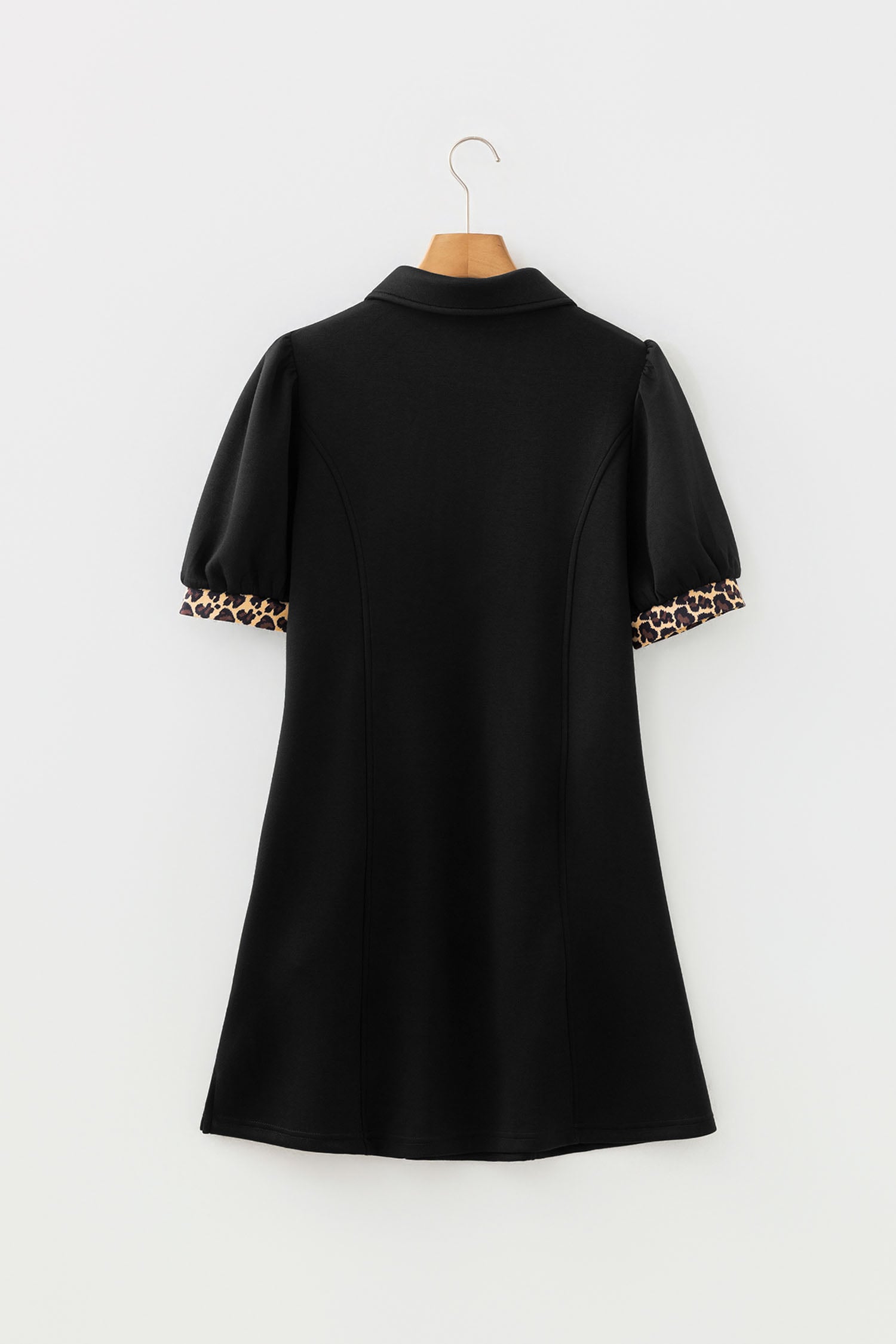 Black Sequin Rugby Pattern Contrast Leopard Zipper Collar Puff Sleeve Short Dress