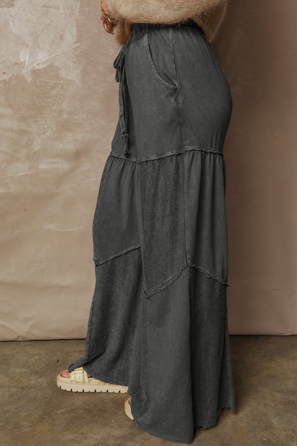 Black Mineral Wash Tiered Wide Leg Patchwork Drawstring Pants
