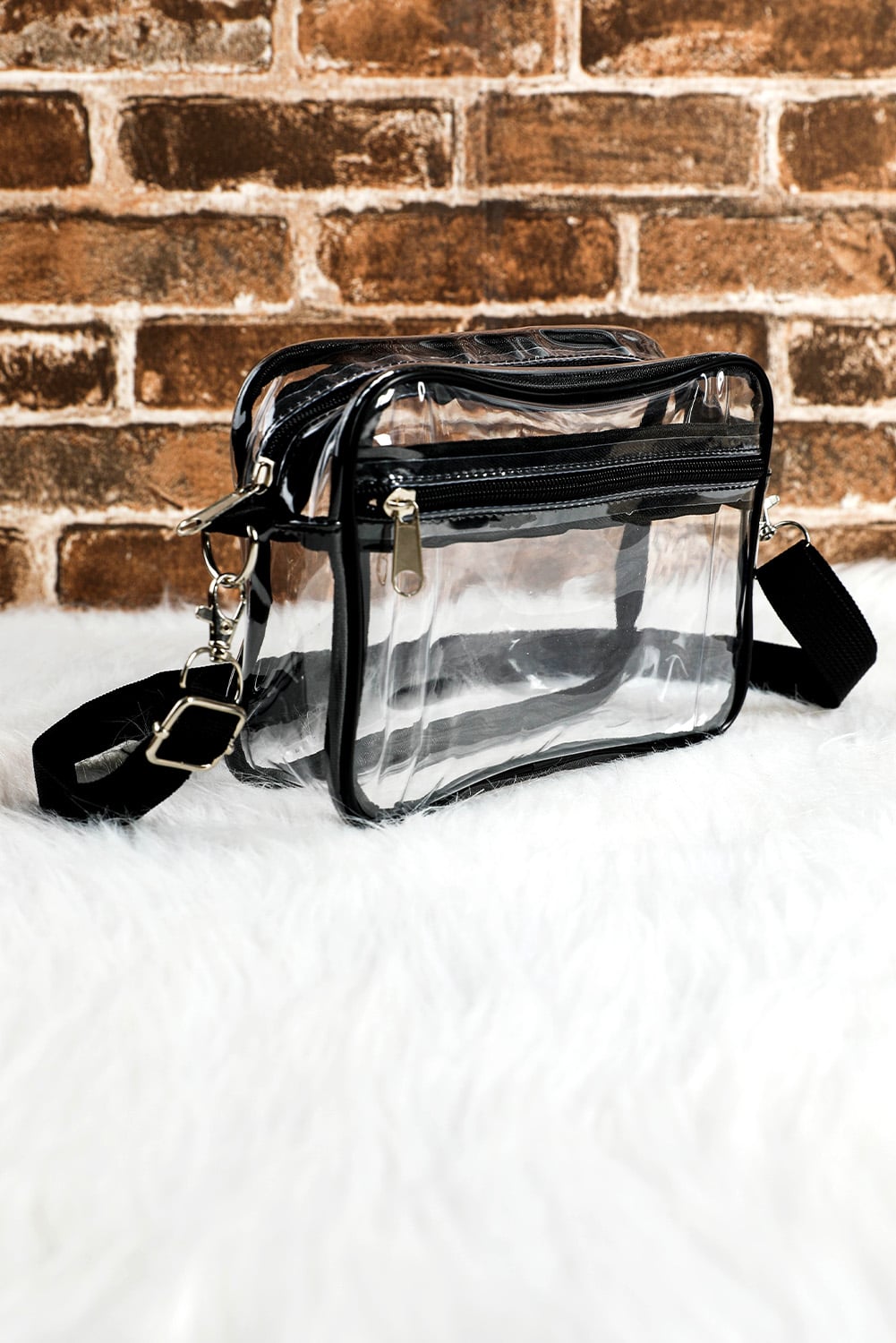 Black Multi-Pocket Contrast Edge Detachable Strap Clear Shoulder Bag