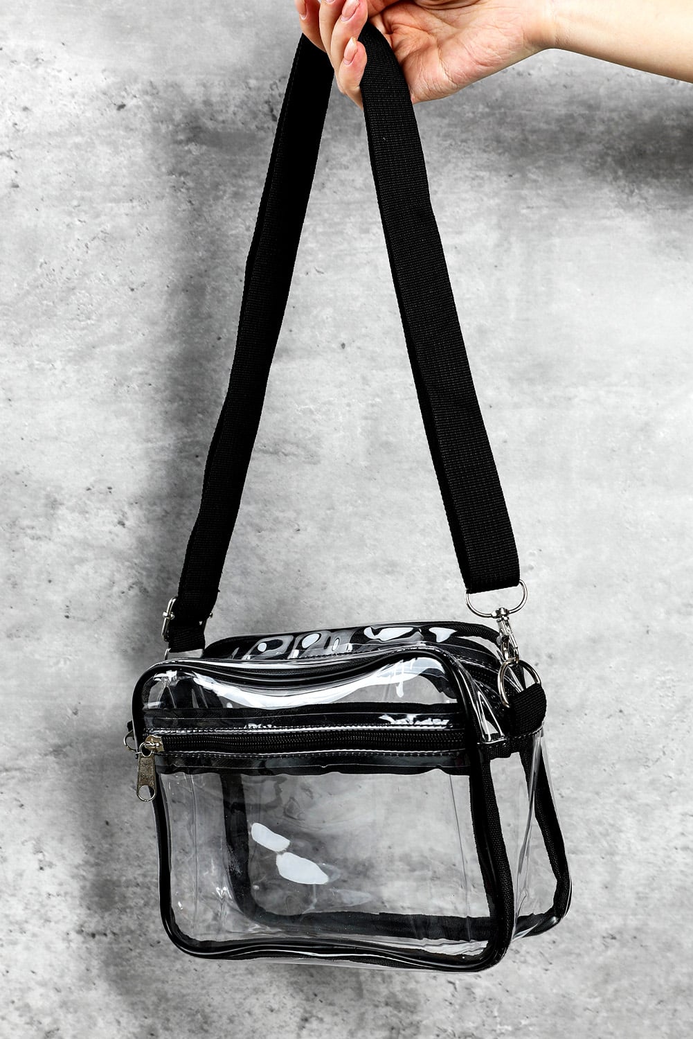 Black Multi-Pocket Contrast Edge Detachable Strap Clear Shoulder Bag