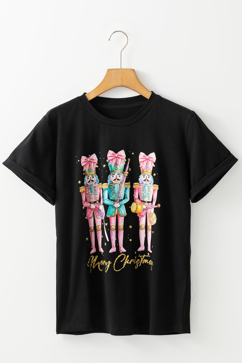 Black Nutcracker Merry Christmas Printed Crewneck T Shirt