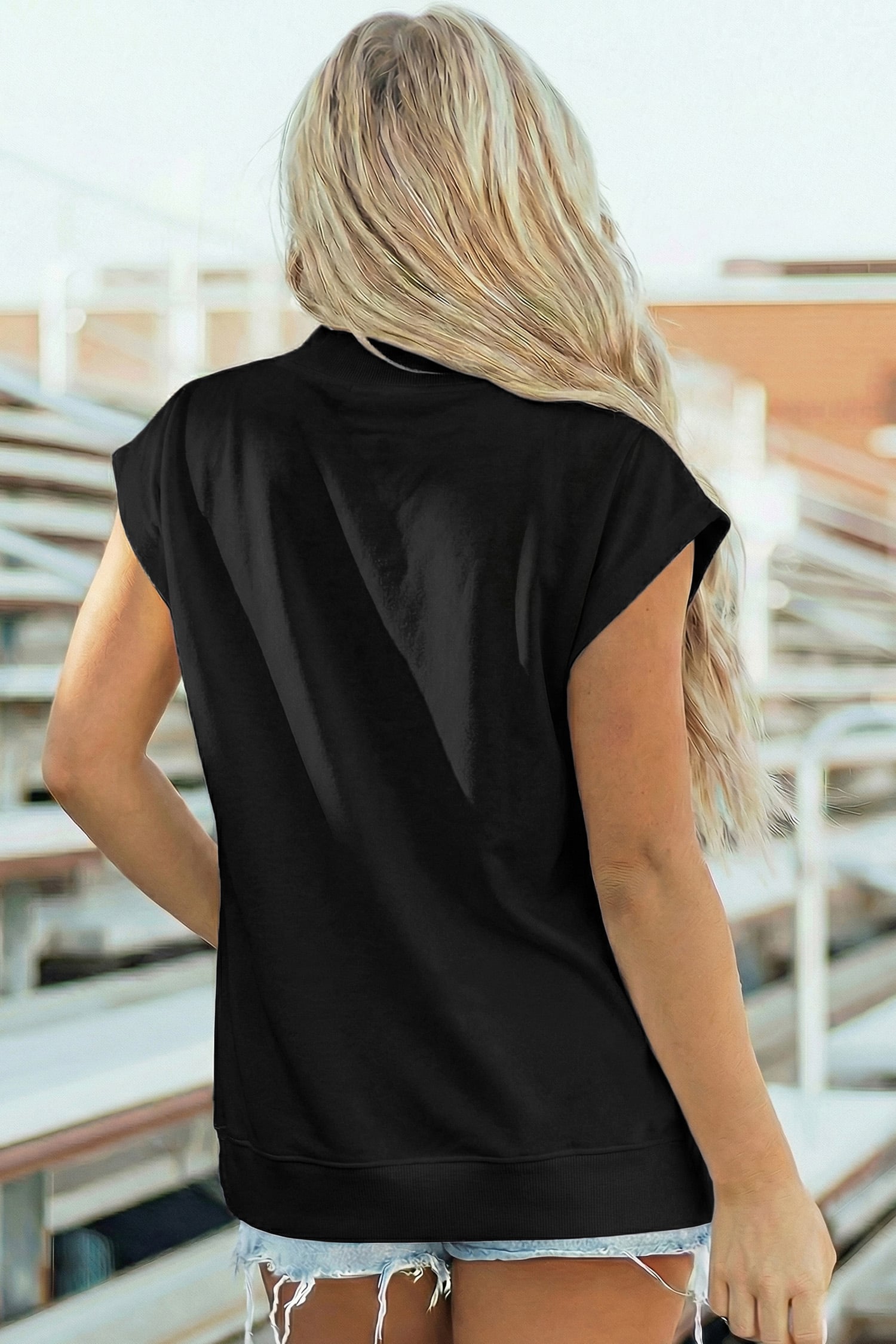 Black Patriotic Rhinestone Star High Neck Short Sleeve Top