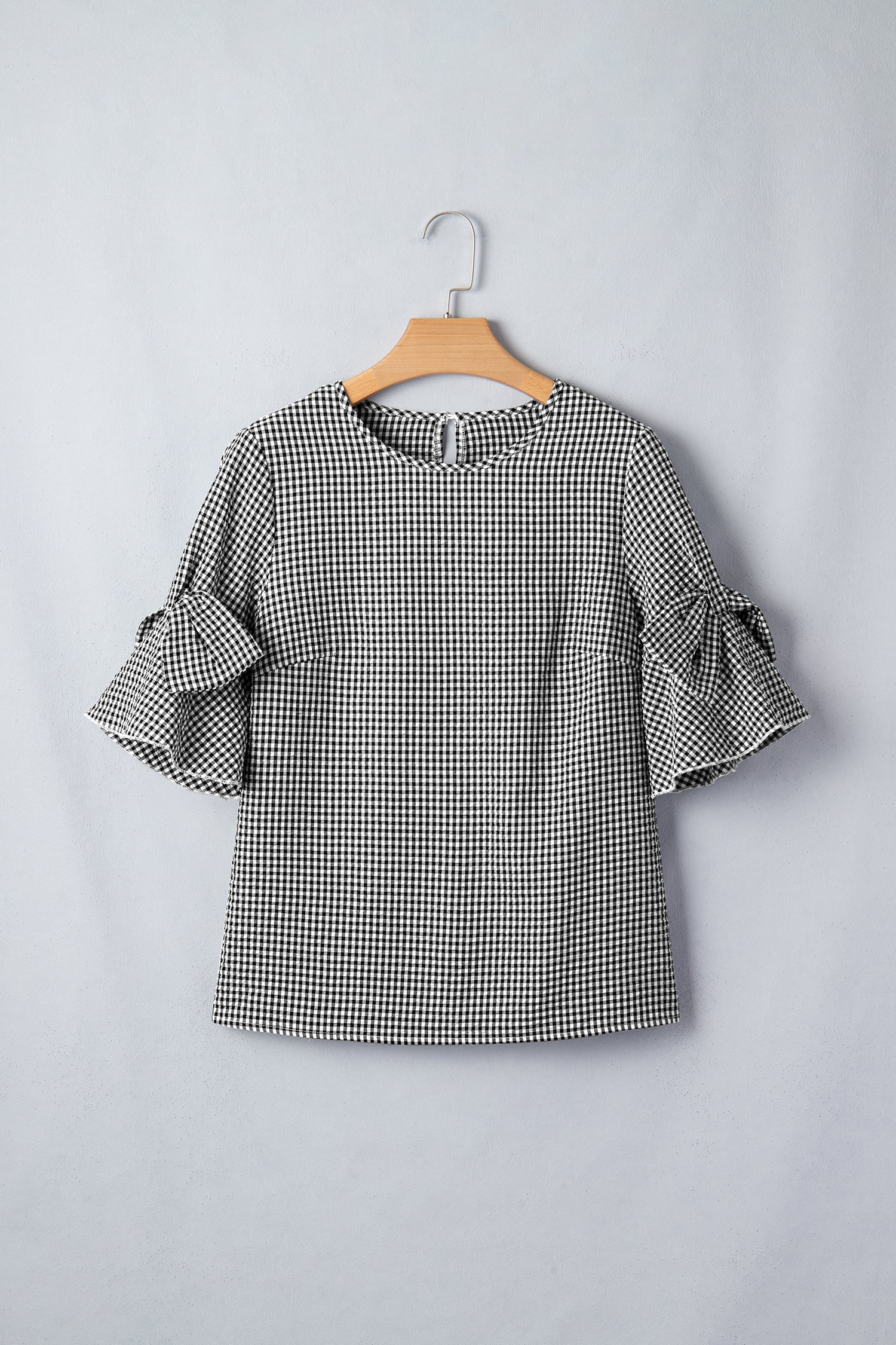 Black Plaid Bow Ruffled Half Sleeve Round Neck Blouse