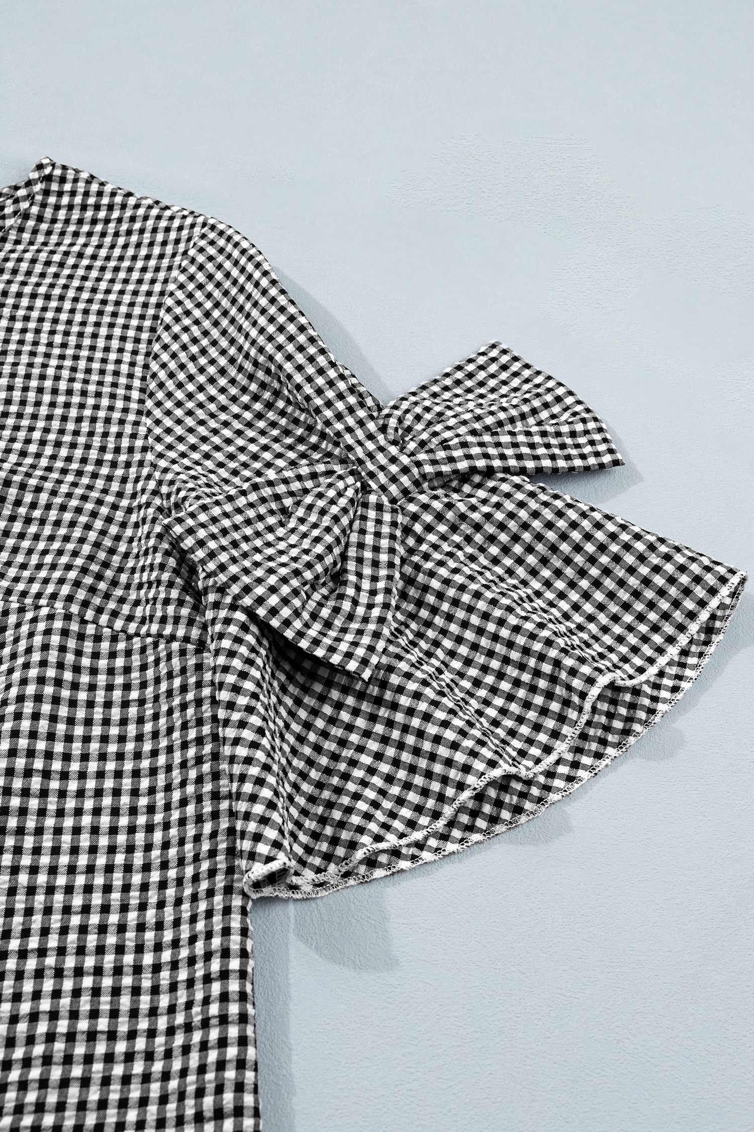 Black Plaid Bow Ruffled Half Sleeve Round Neck Blouse