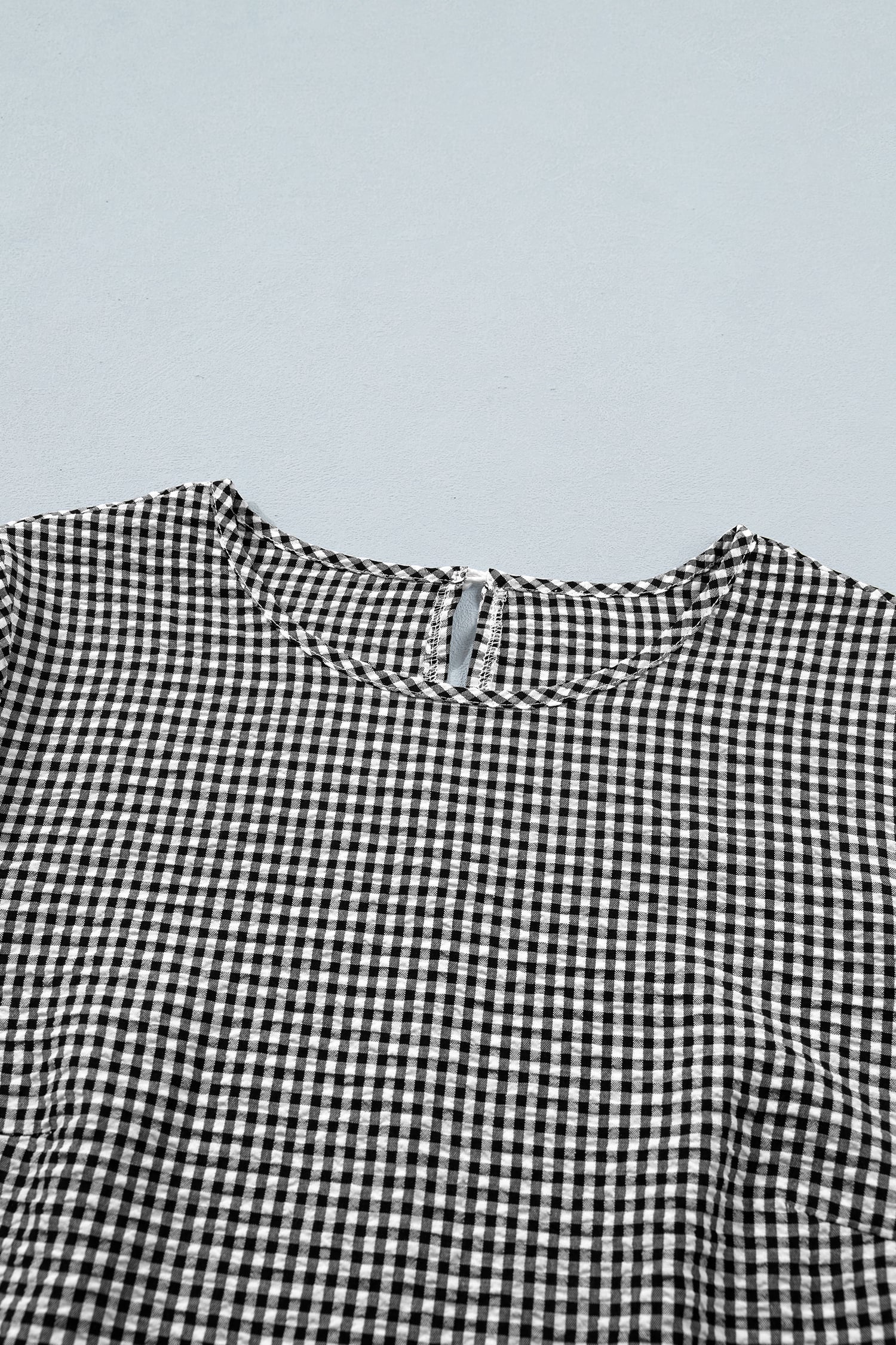 Black Plaid Bow Ruffled Half Sleeve Round Neck Blouse