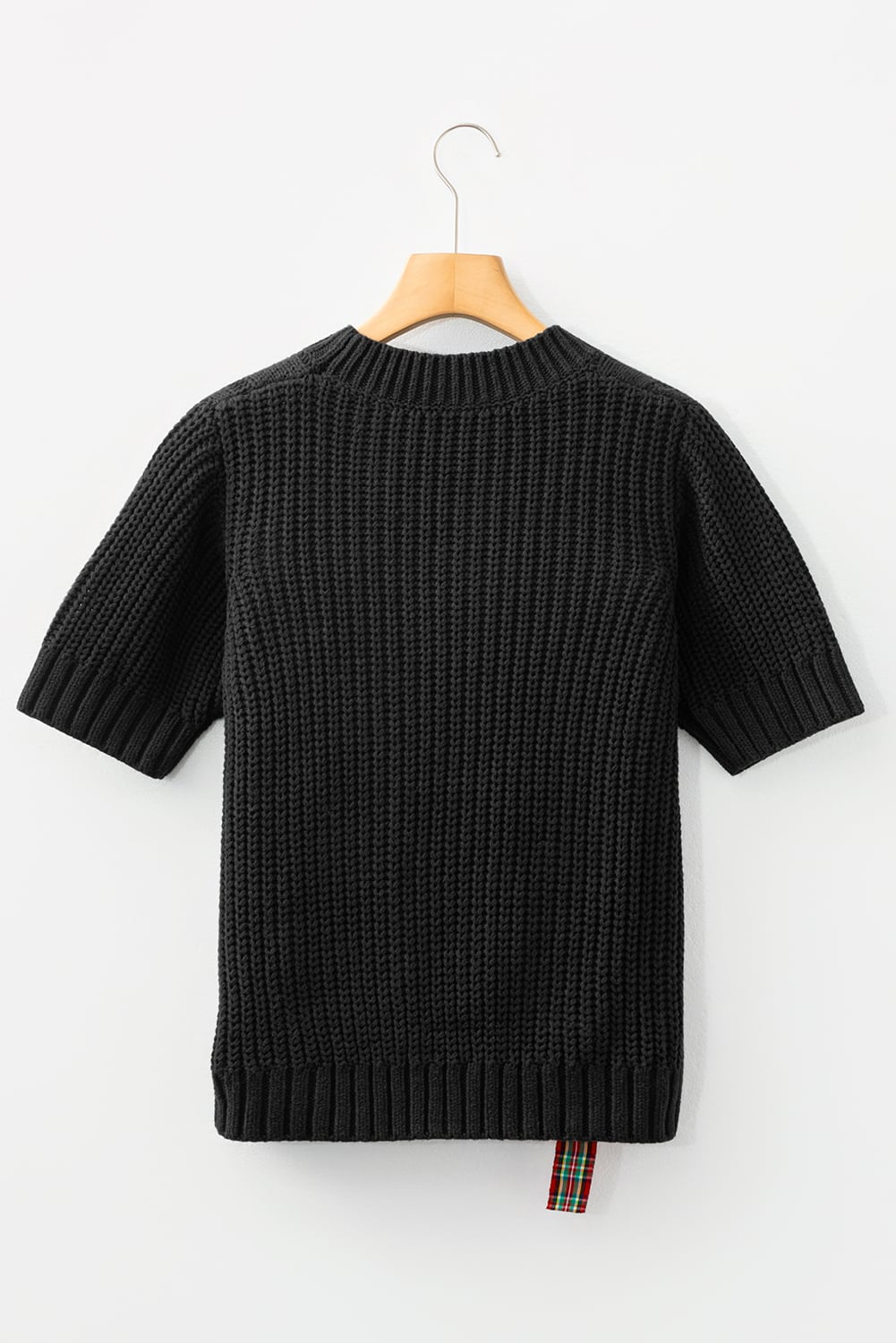 Black Plaid Lace up Detail Christmas Holiday Puff Short Sleeve Sweater