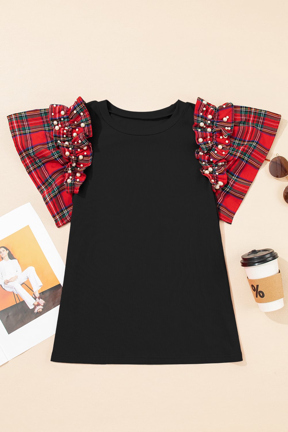 Black Plaid Pearl Ruffle Short Sleeve Loose T Shirt