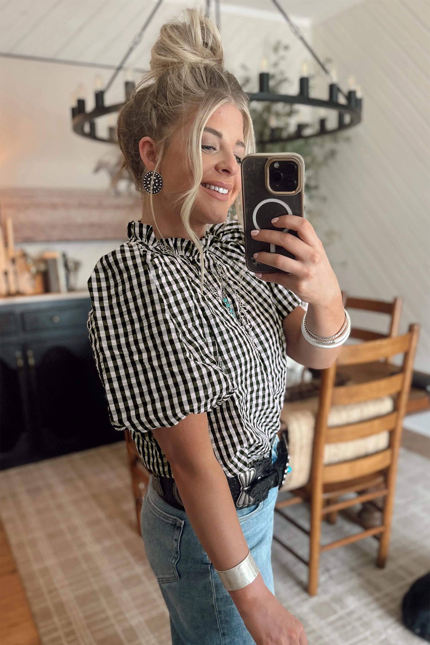 Black Plaid Short Puff Sleeve Frilled Neck Blouse