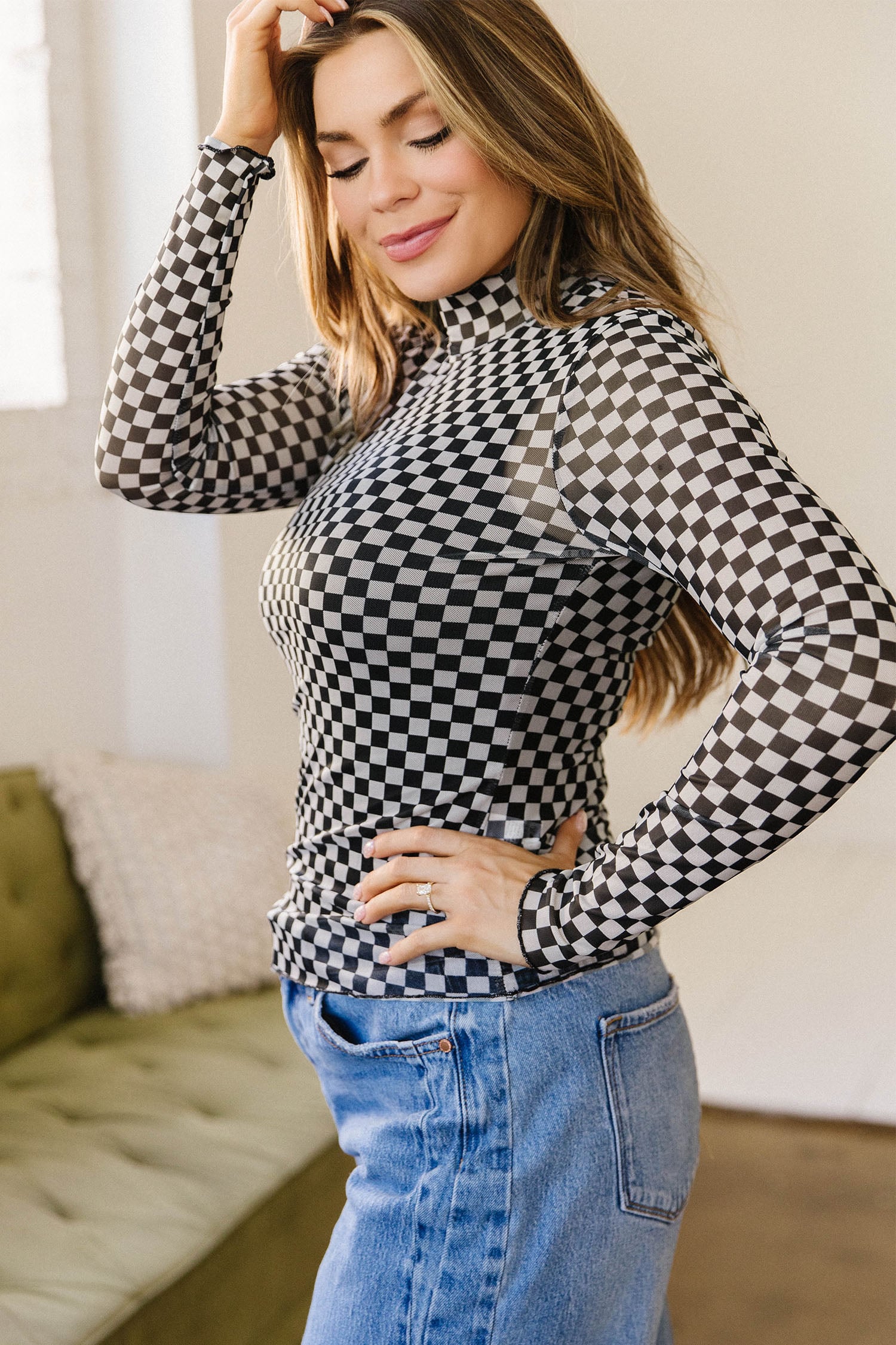 Black Plaid Stand Neck Long Sleeve Mesh Top
