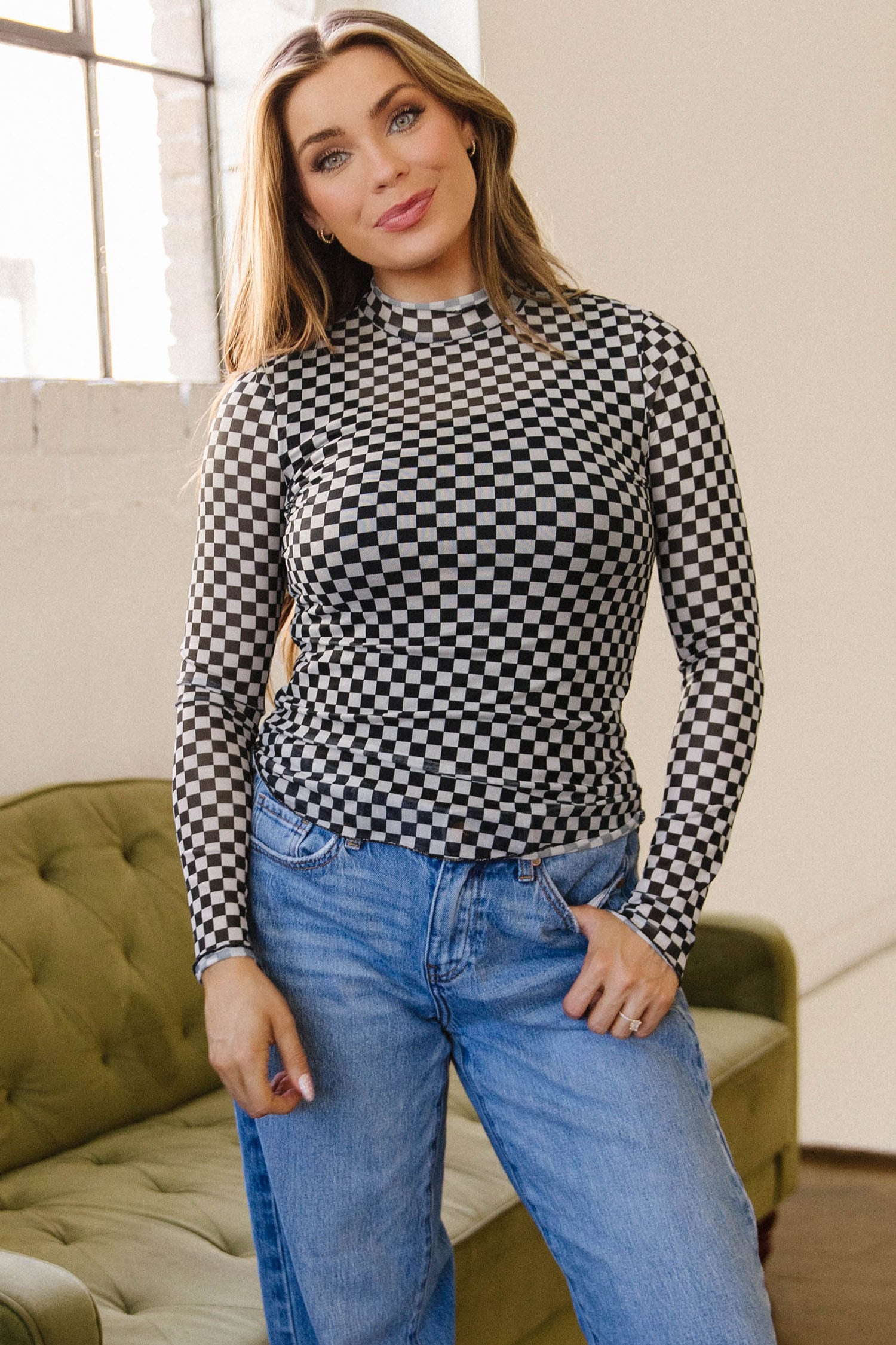 Black Plaid Stand Neck Long Sleeve Mesh Top