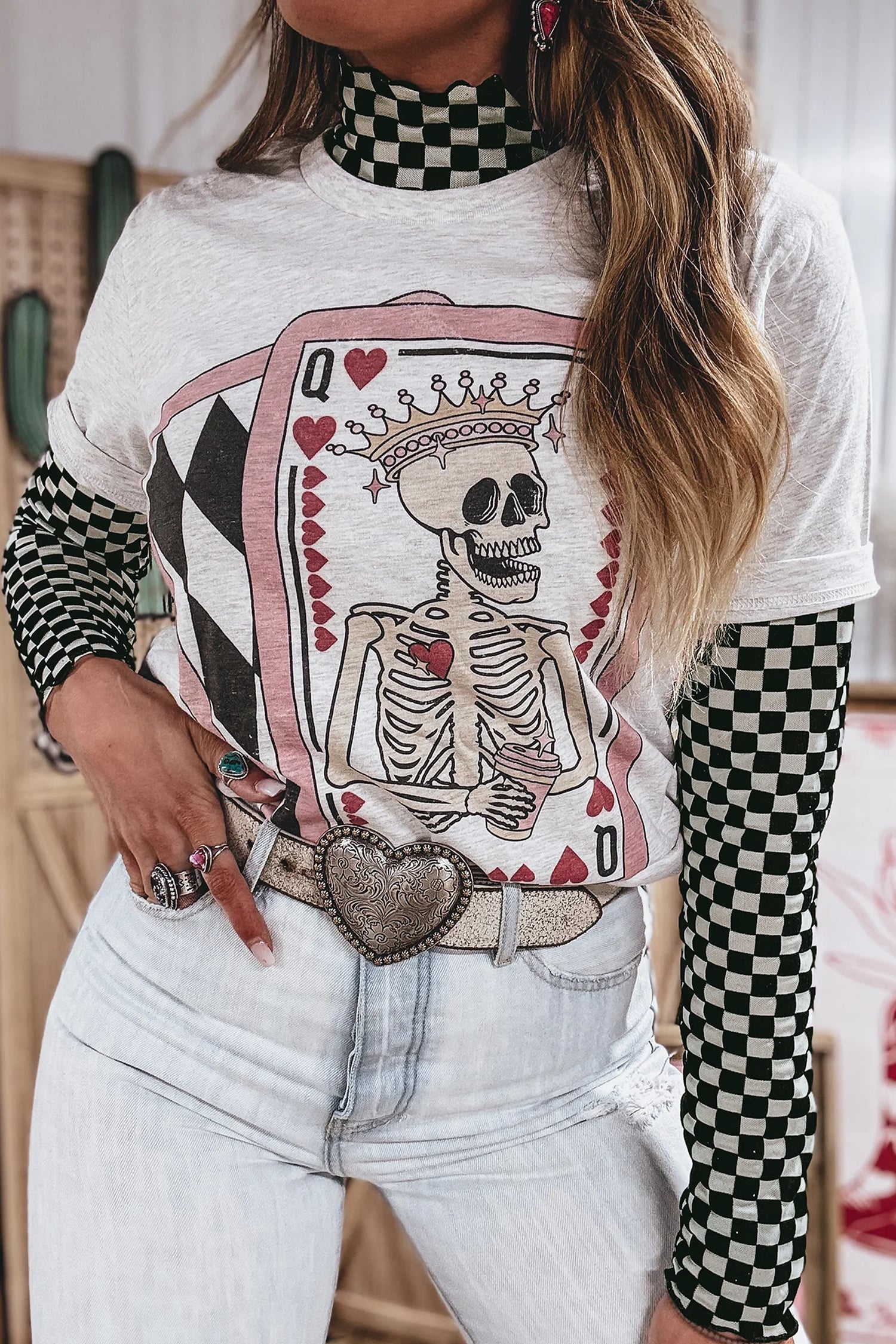 Black Plaid Stand Neck Long Sleeve Mesh Top