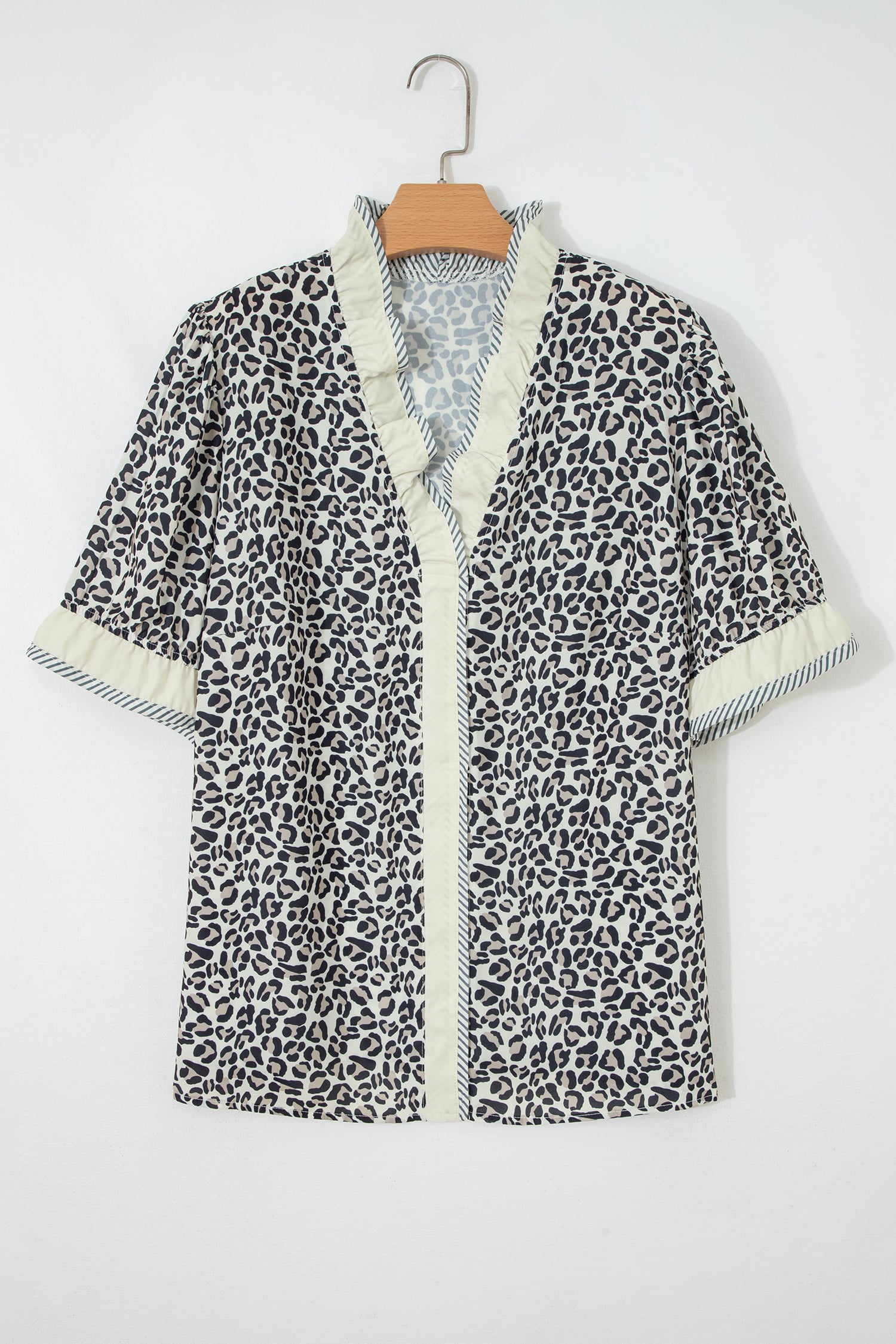 Black Plus Leopard Print Striped Color Block Trim Frilled V Neck Short Sleeve Blouse