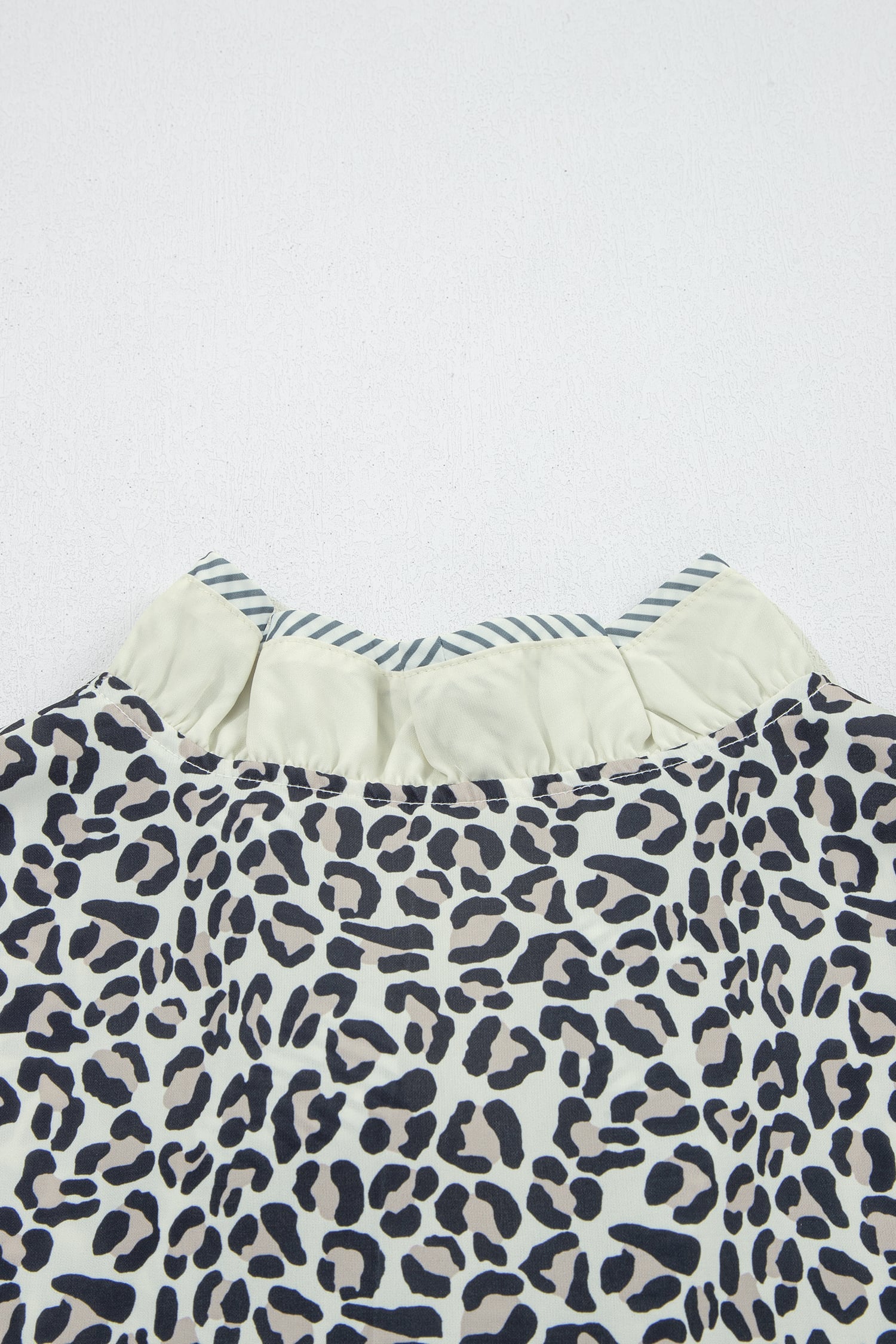 Black Plus Leopard Print Striped Color Block Trim Frilled V Neck Short Sleeve Blouse