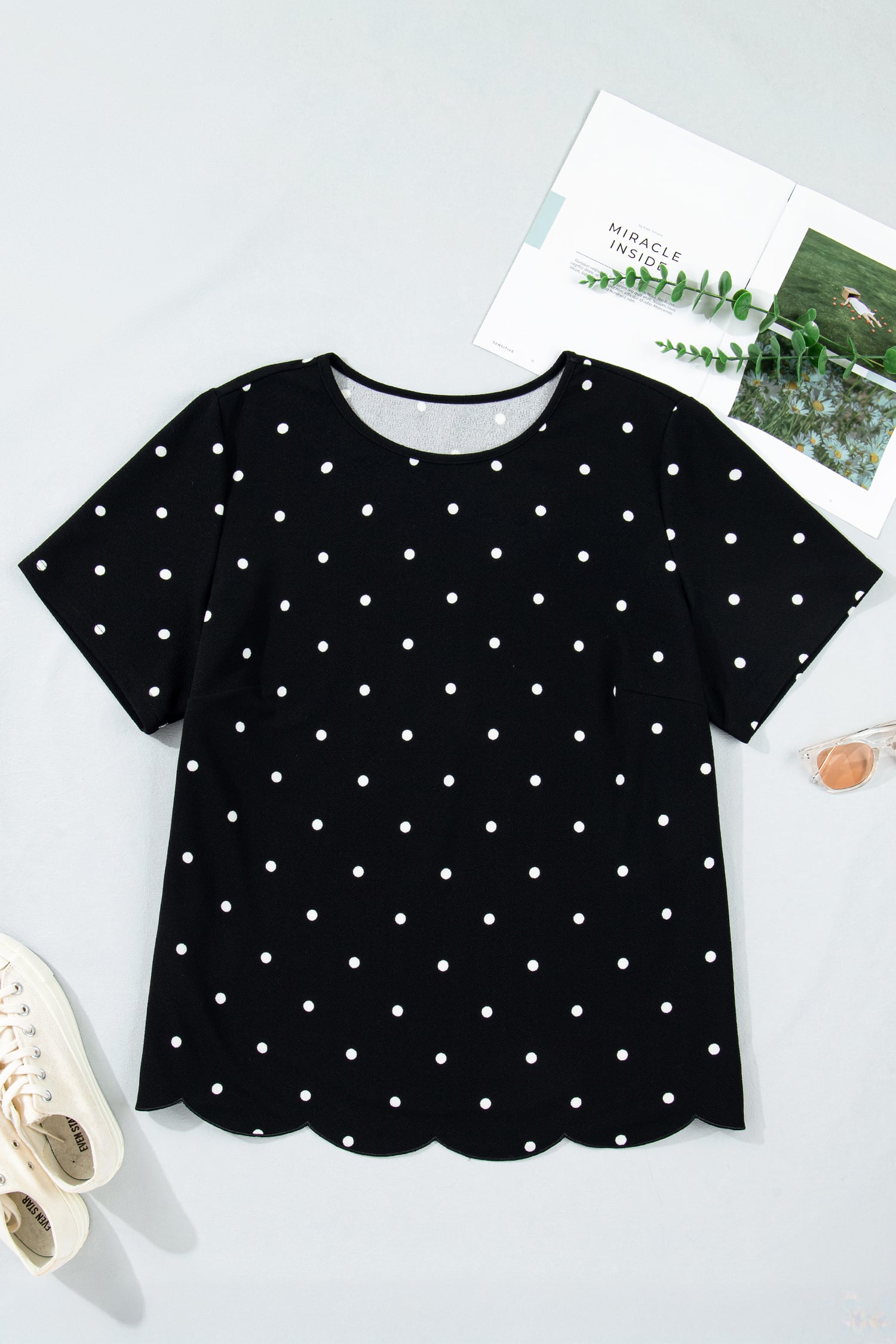 Black Plus Size Dotted Casual T Shirt