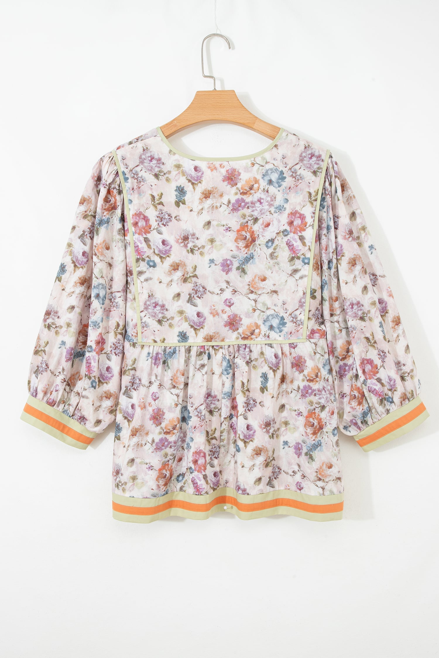 Black Plus Size Floral Print Contrast Trim Striped Detail Babydoll Blouse