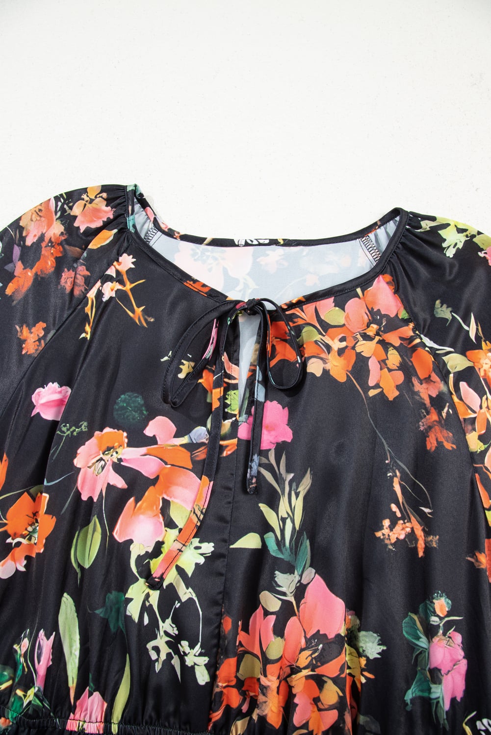 Black Plus Size Floral Print Tie Neck Cinched Waist Long Sleeve Mini Dress