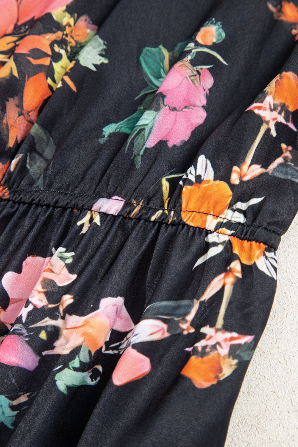 Black Plus Size Floral Print Tie Neck Cinched Waist Long Sleeve Mini Dress