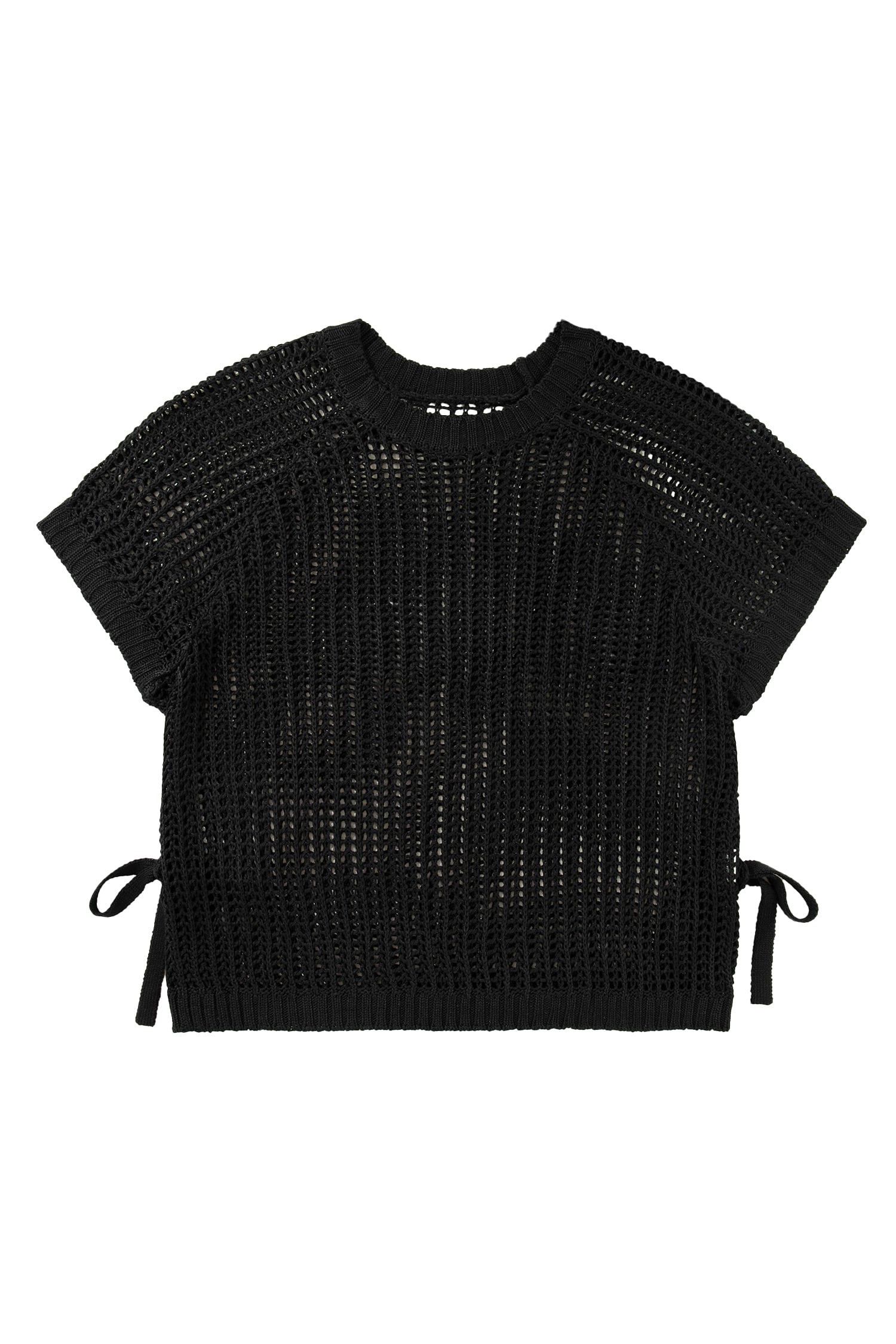 Black Plus Size Open Knit Bow Tie Short Sleeve Sweater