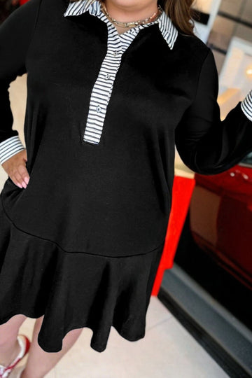 Black Plus Size Striped Cuffs Polo Collar Patchwork Long Sleeve Ruffle Hem Dress