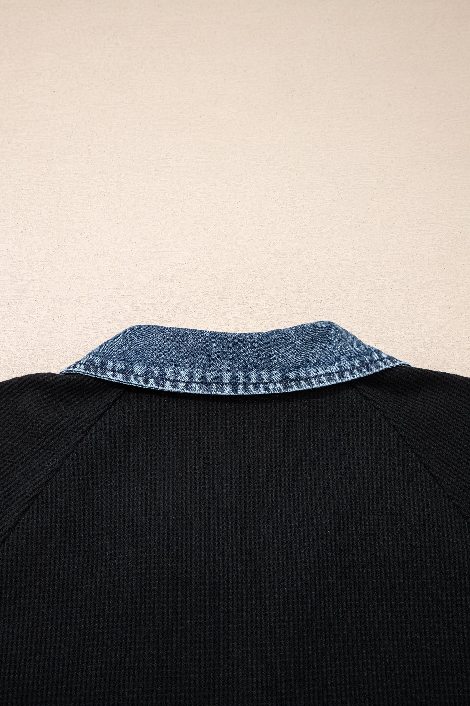 Black Plus Size Textured Contrast Denim Patchwork Button Polo Tee