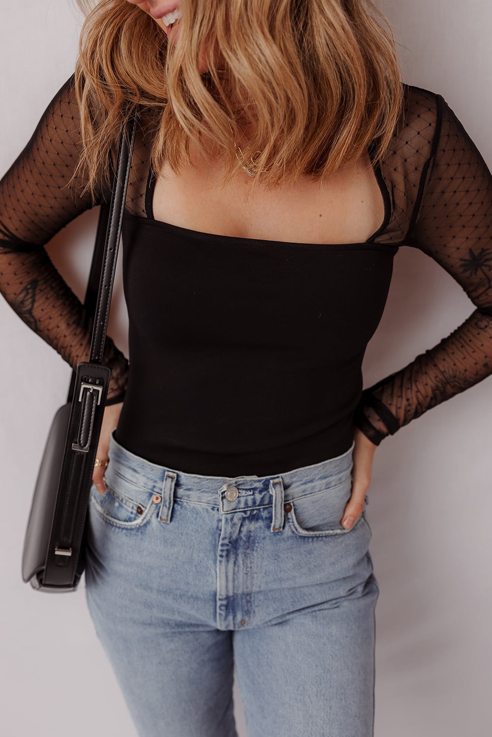 Black Polka Dot Mesh Long Sleeve Square Neck Bodysuit