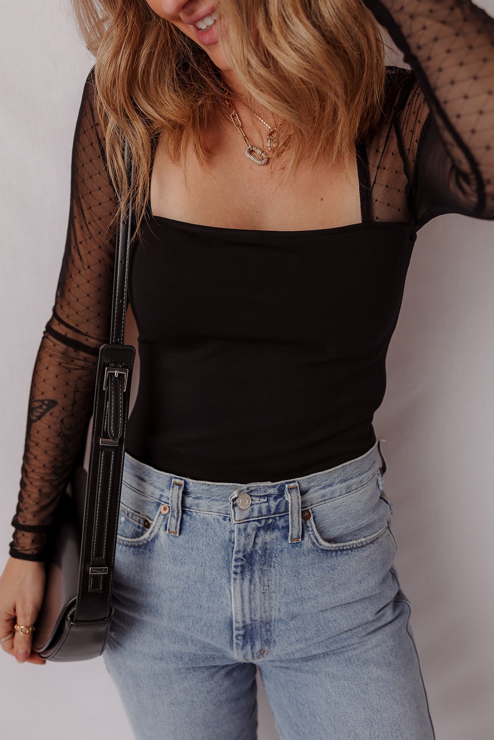 Black Polka Dot Mesh Long Sleeve Square Neck Bodysuit