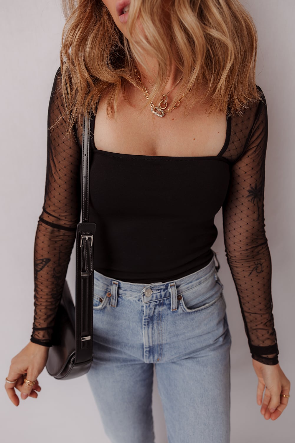 Black Polka Dot Mesh Long Sleeve Square Neck Bodysuit