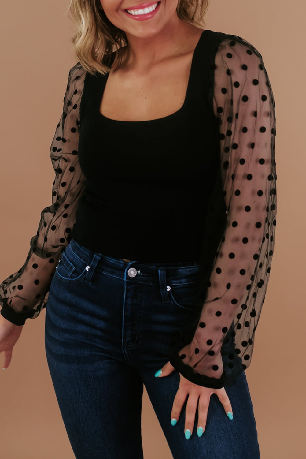 Black Polka Dot Mesh Puff Sleeve Patchwork Ribbed Square Neck Slim Top