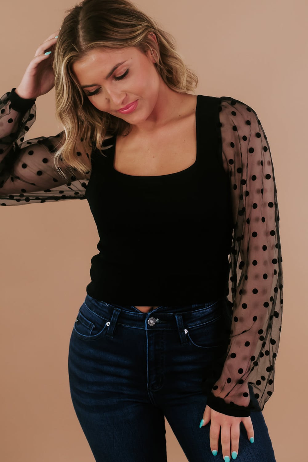 Black Polka Dot Mesh Puff Sleeve Patchwork Ribbed Square Neck Slim Top