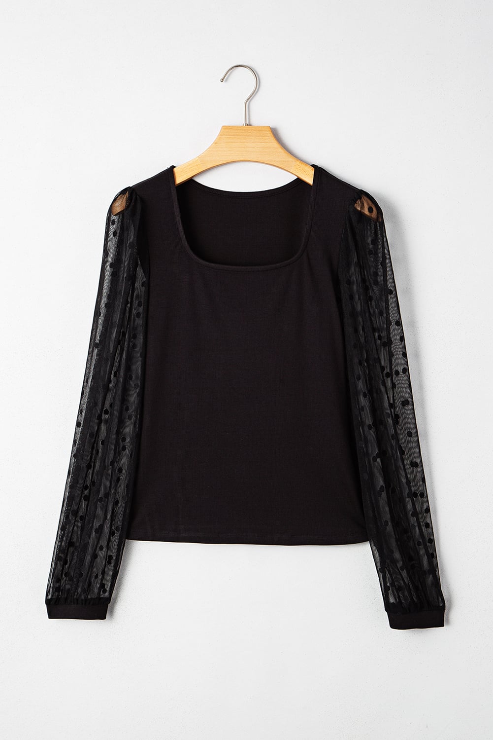 Black Polka Dot Mesh Puff Sleeve Patchwork Ribbed Square Neck Slim Top