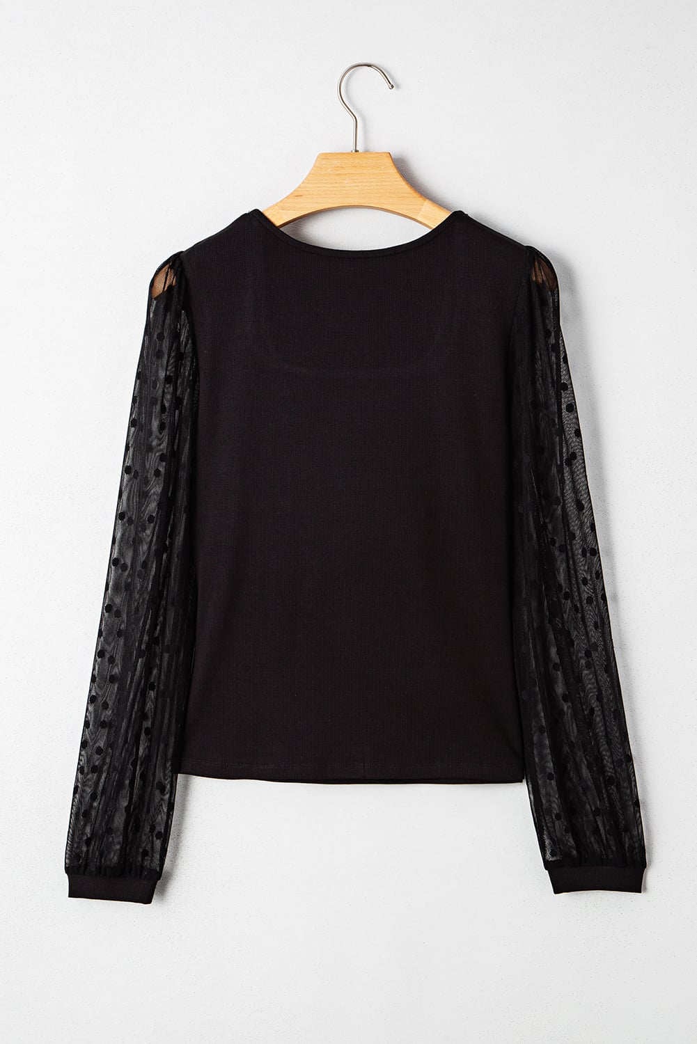 Black Polka Dot Mesh Puff Sleeve Patchwork Ribbed Square Neck Slim Top