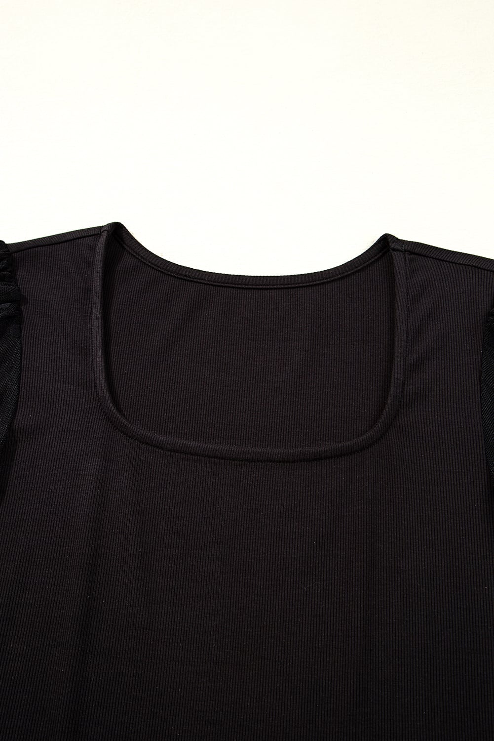Black Polka Dot Mesh Puff Sleeve Patchwork Ribbed Square Neck Slim Top