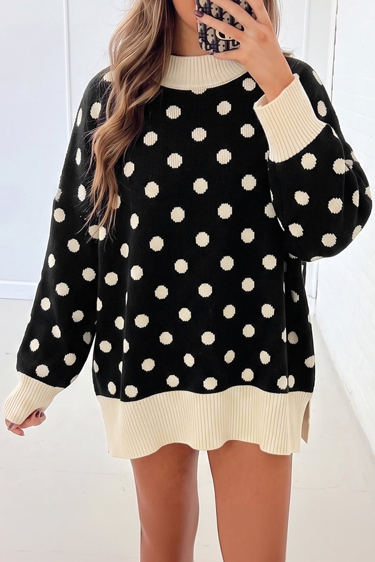 Black Polka Dot Pattern Ribbed Colorblock Trim Split Tunic Sweater