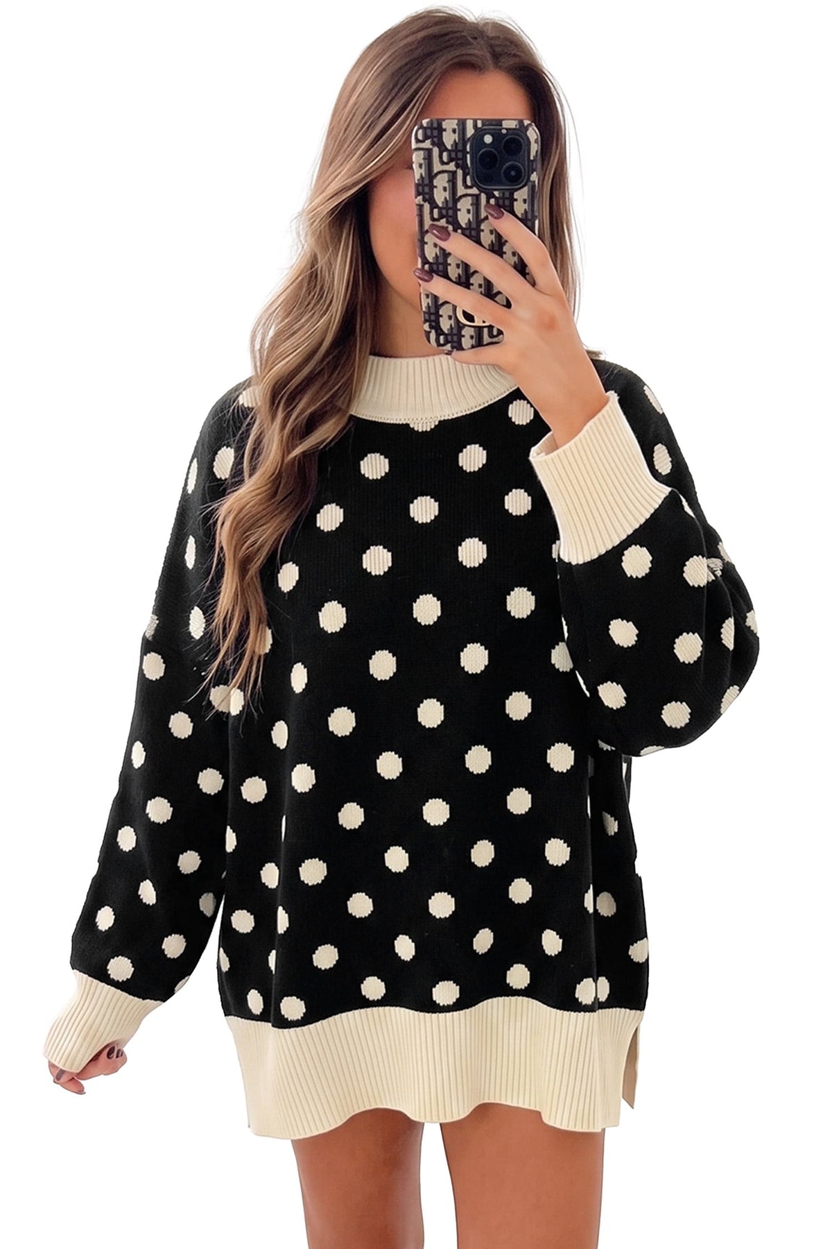 Black Polka Dot Pattern Ribbed Colorblock Trim Split Tunic Sweater