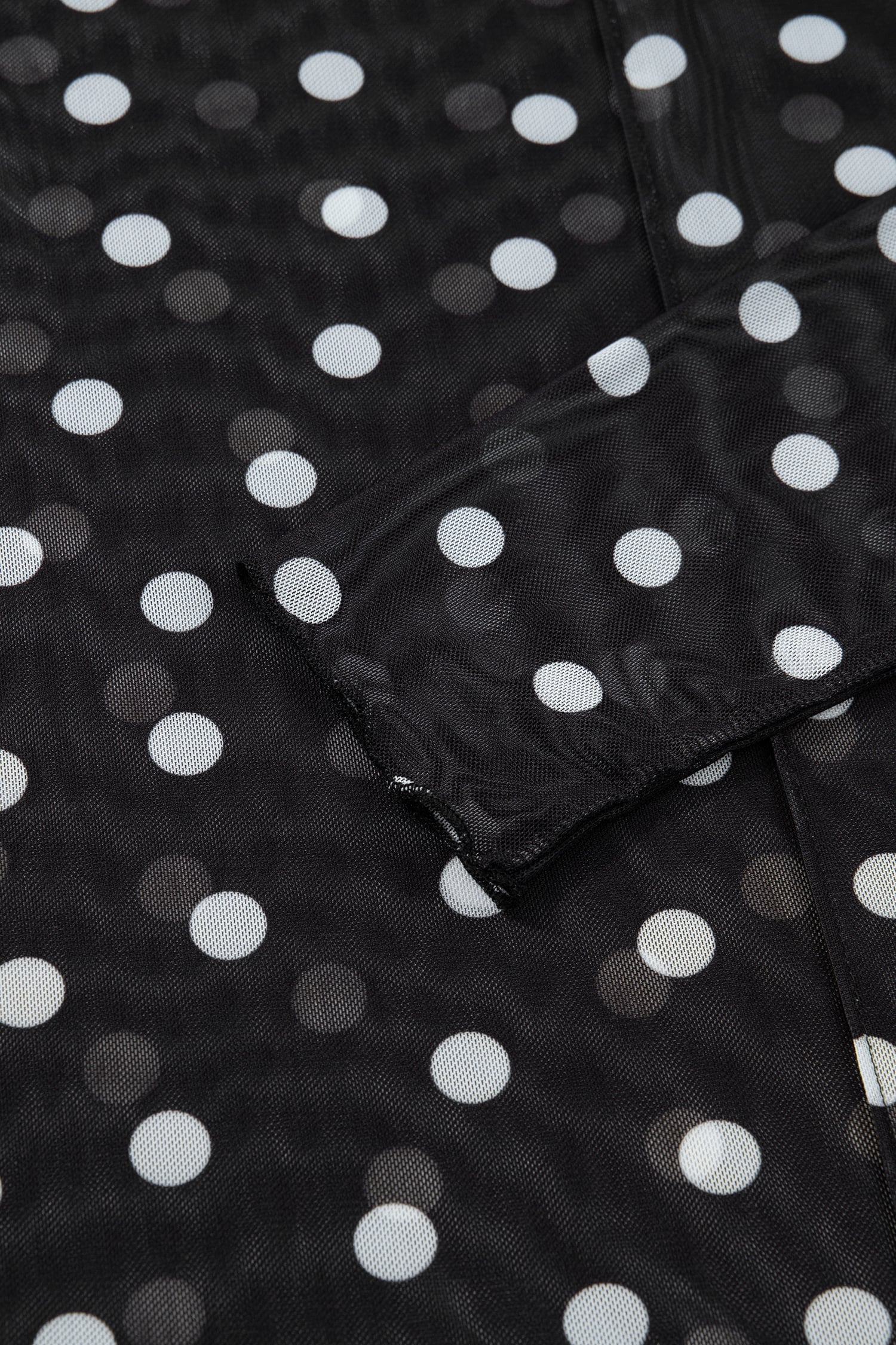 Black Polka Dot Patterned Bodycon Mock Neck Mesh Long Sleeve Top