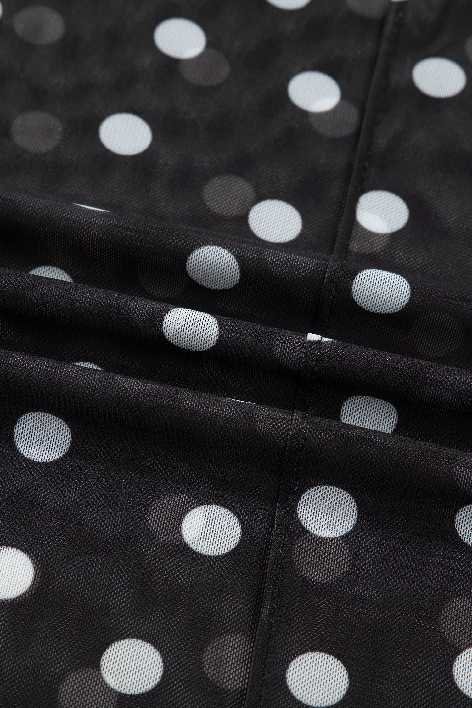 Black Polka Dot Patterned Bodycon Mock Neck Mesh Long Sleeve Top
