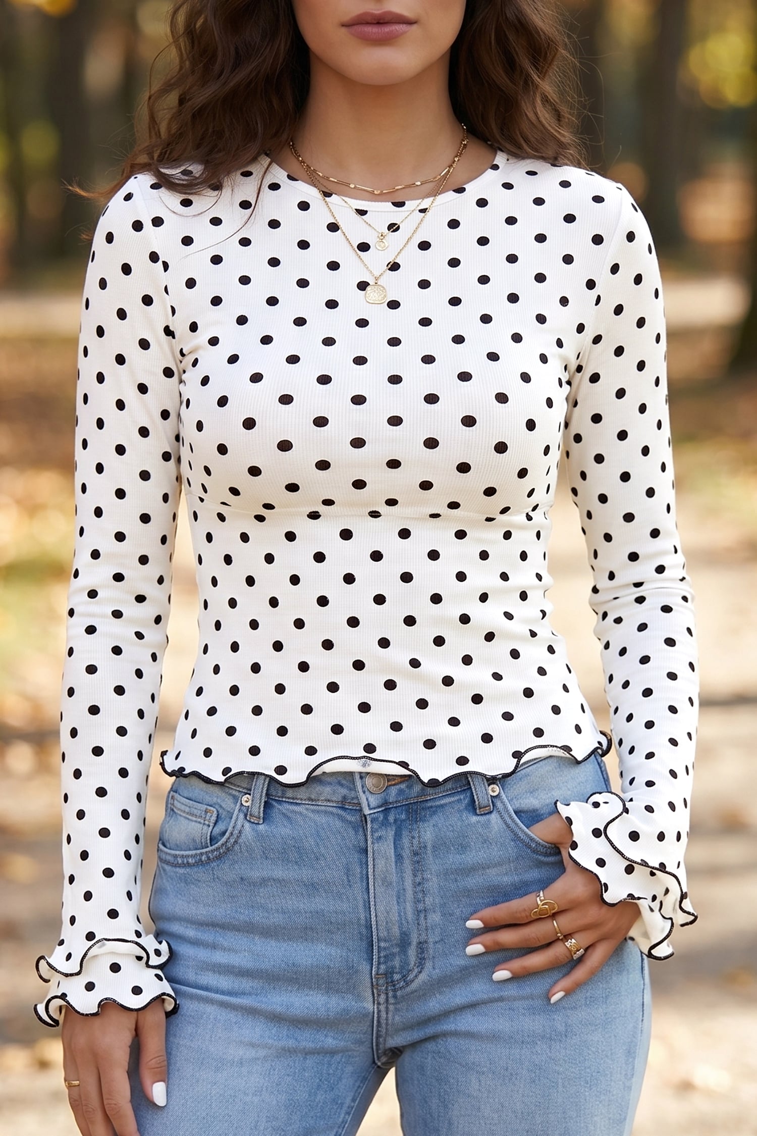 Black Polka Dot Print Lettuce Trim Long Sleeve Top