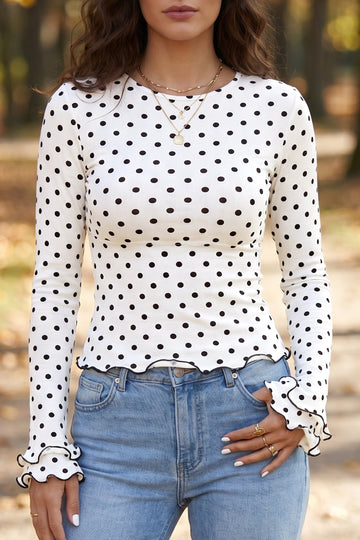 Black Polka Dot Print Lettuce Trim Long Sleeve Top