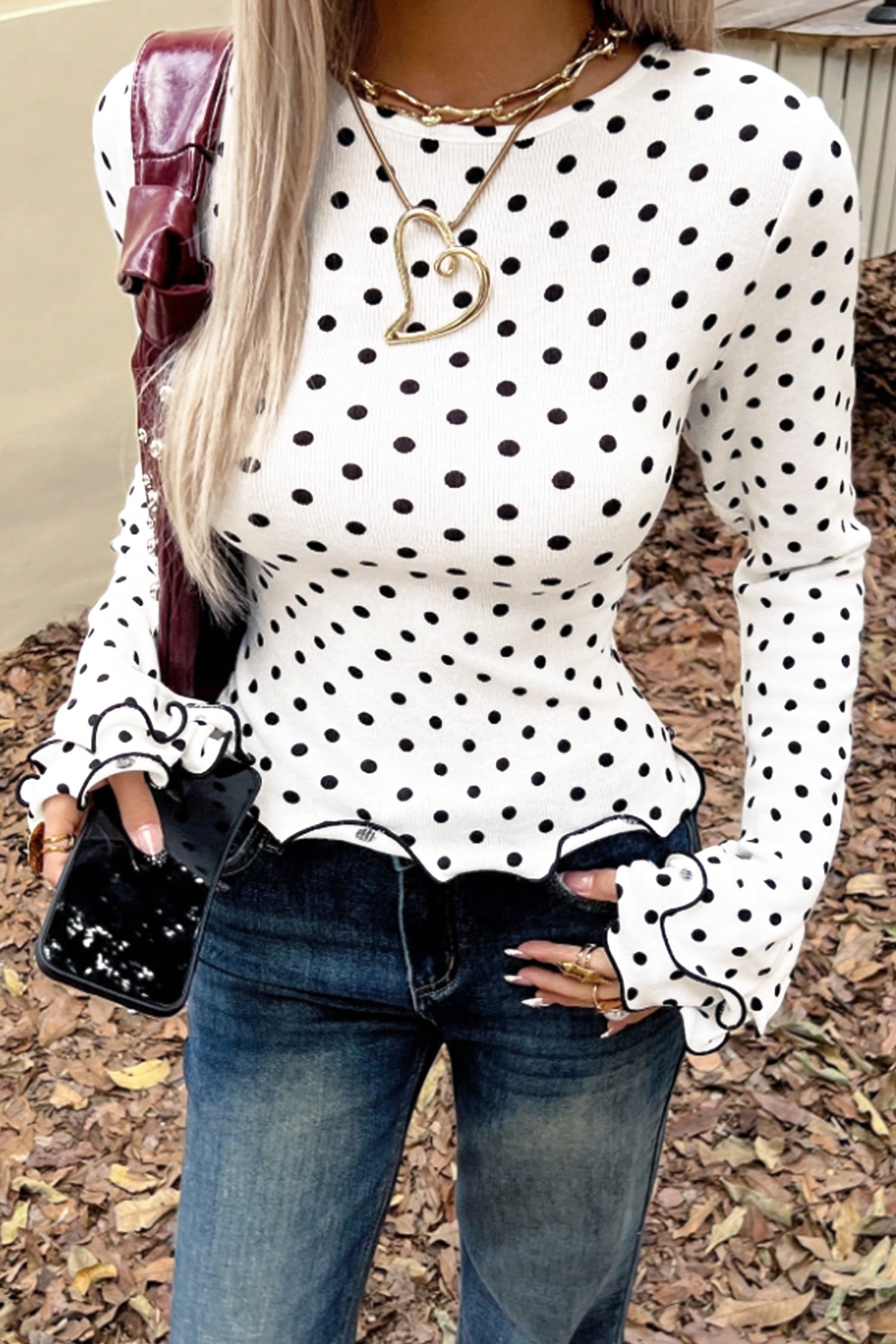 Black Polka Dot Print Lettuce Trim Long Sleeve Top