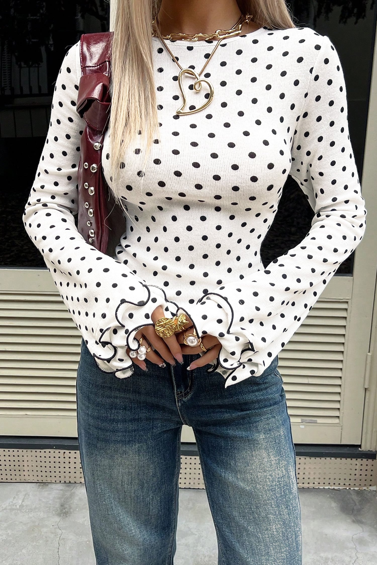 Black Polka Dot Print Lettuce Trim Long Sleeve Top