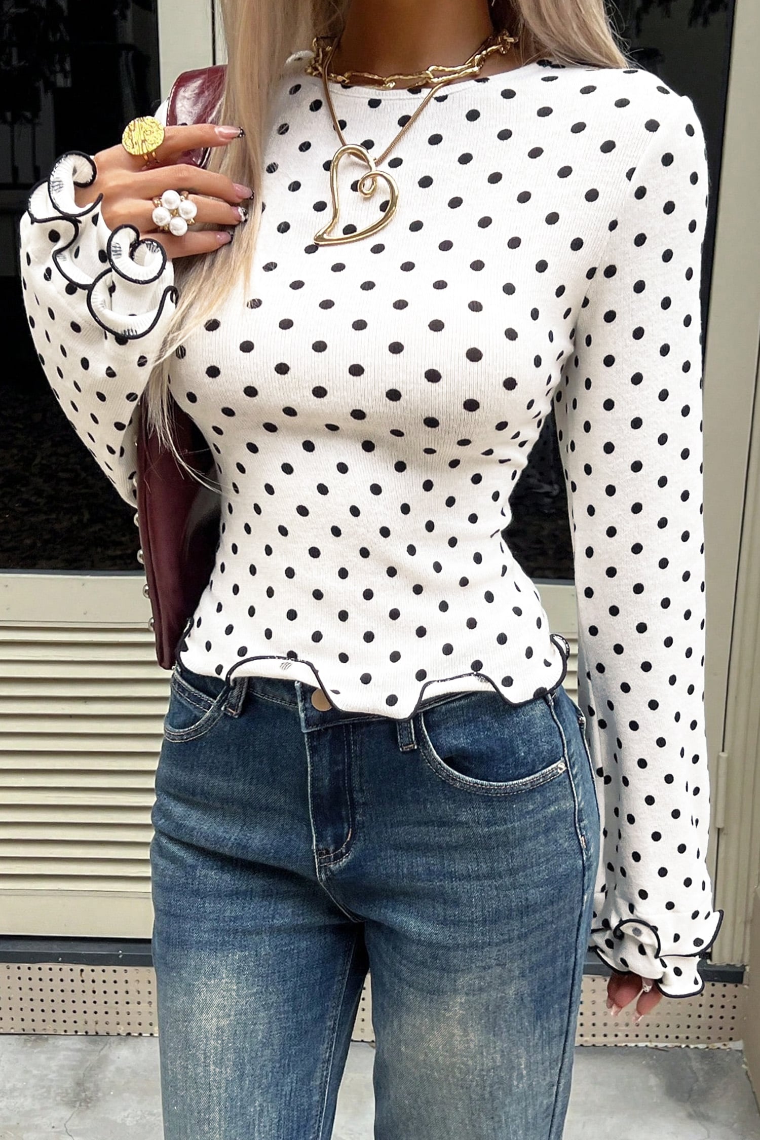 Black Polka Dot Print Lettuce Trim Long Sleeve Top