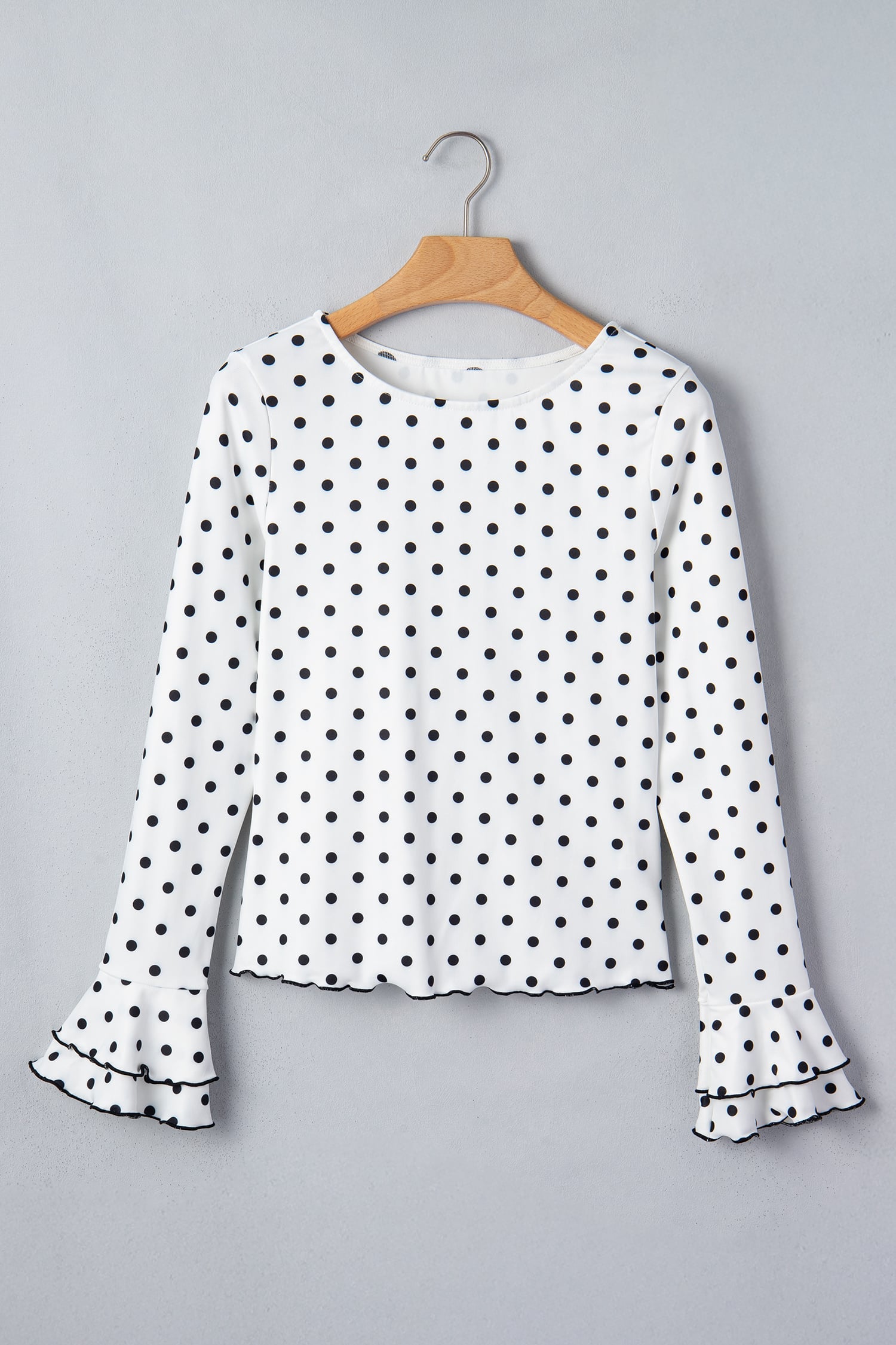 Black Polka Dot Print Lettuce Trim Long Sleeve Top