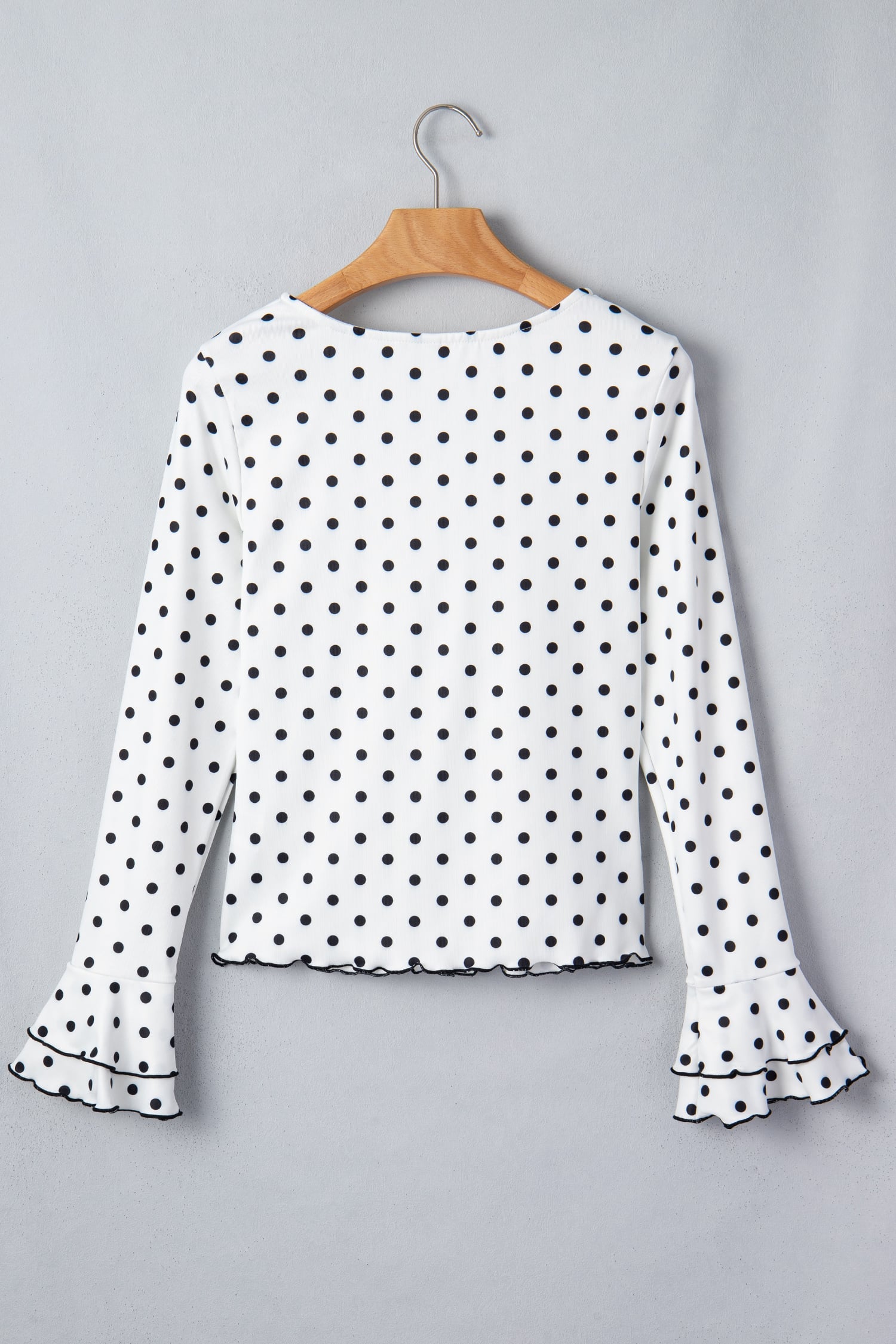 Black Polka Dot Print Lettuce Trim Long Sleeve Top
