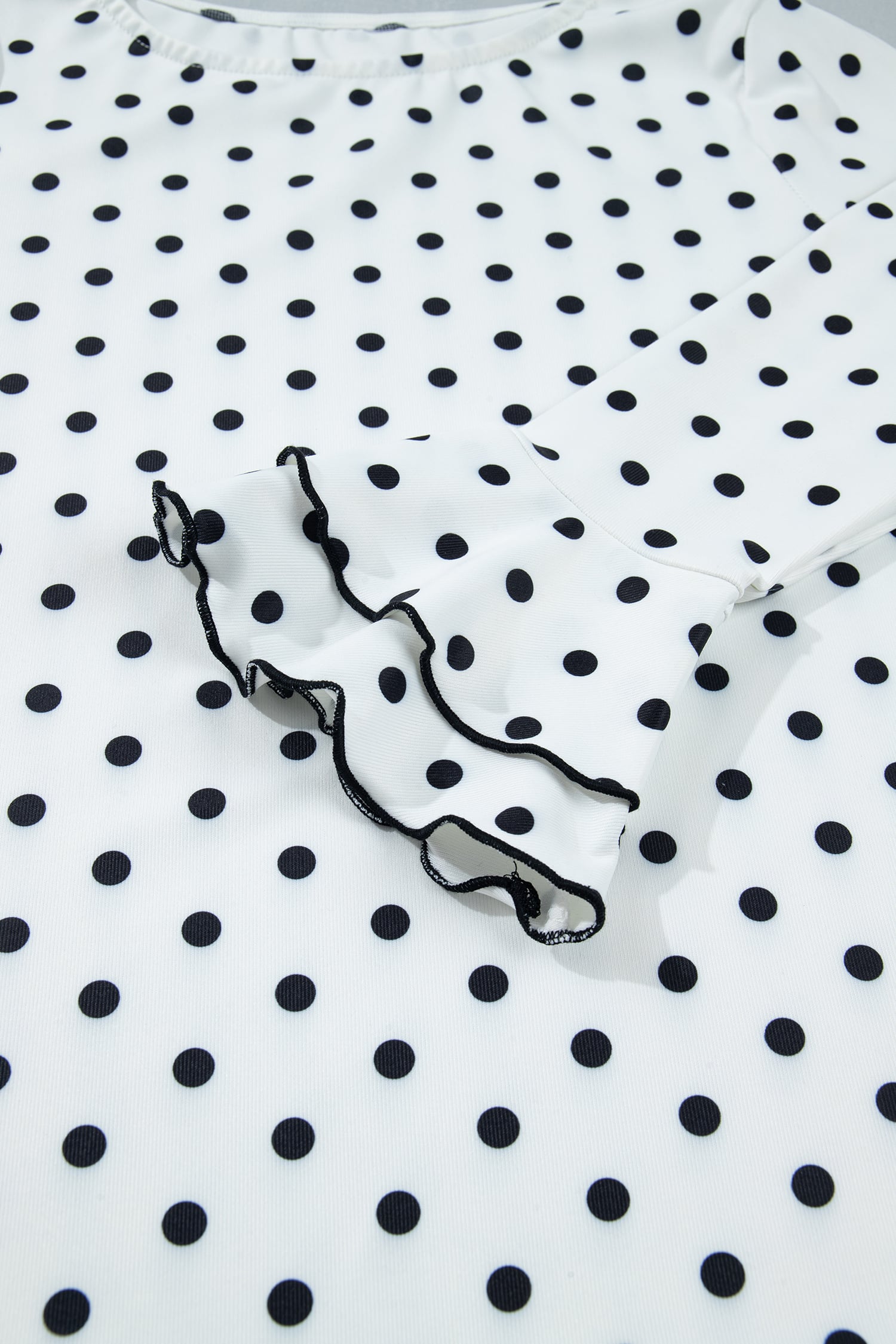 Black Polka Dot Print Lettuce Trim Long Sleeve Top